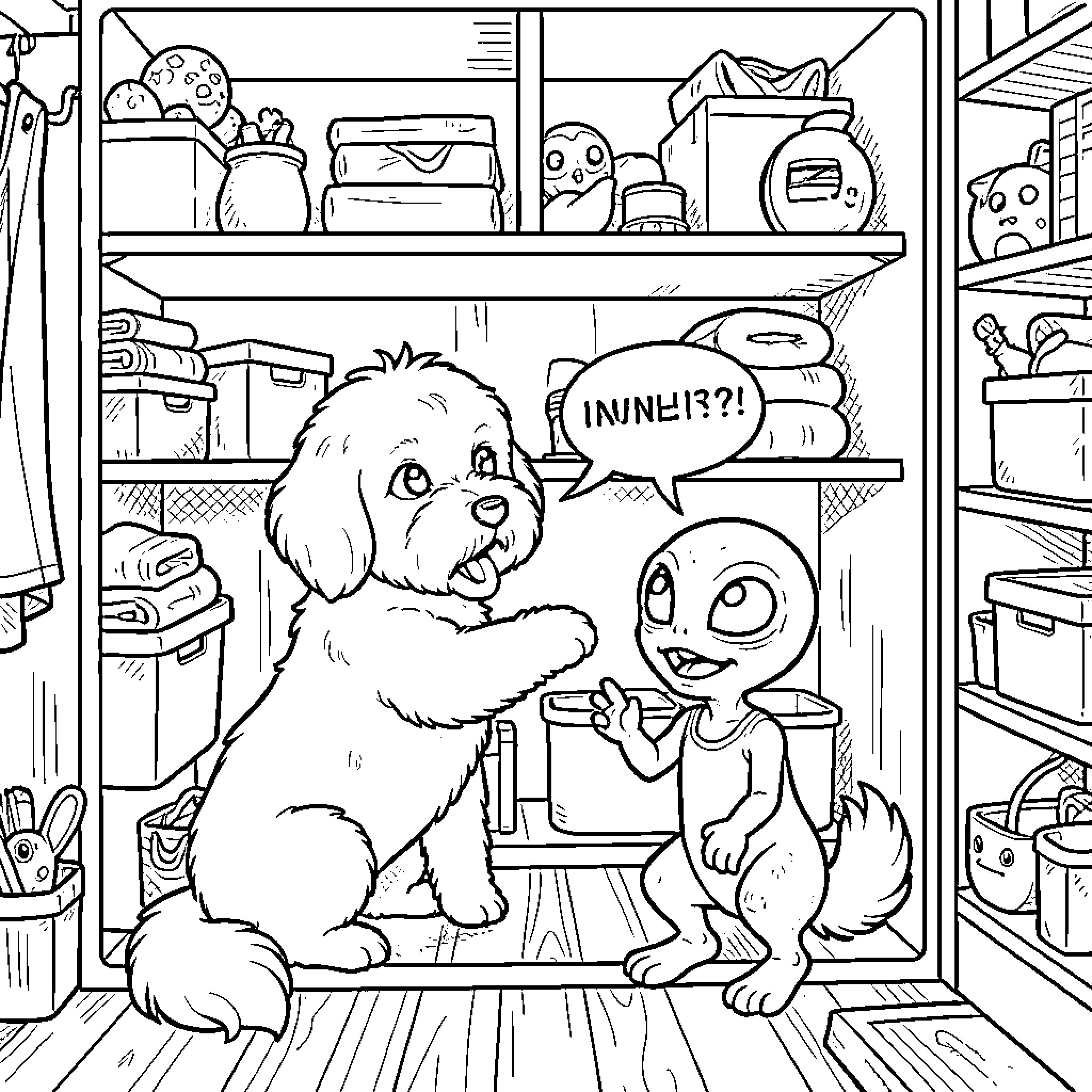 Maltese Dog interacting with a small alien in a closet Coloring Page (free black-and-white line drawing printable PDF for all, from beginners to advanced learners, including children, teens, adults, and seniors)