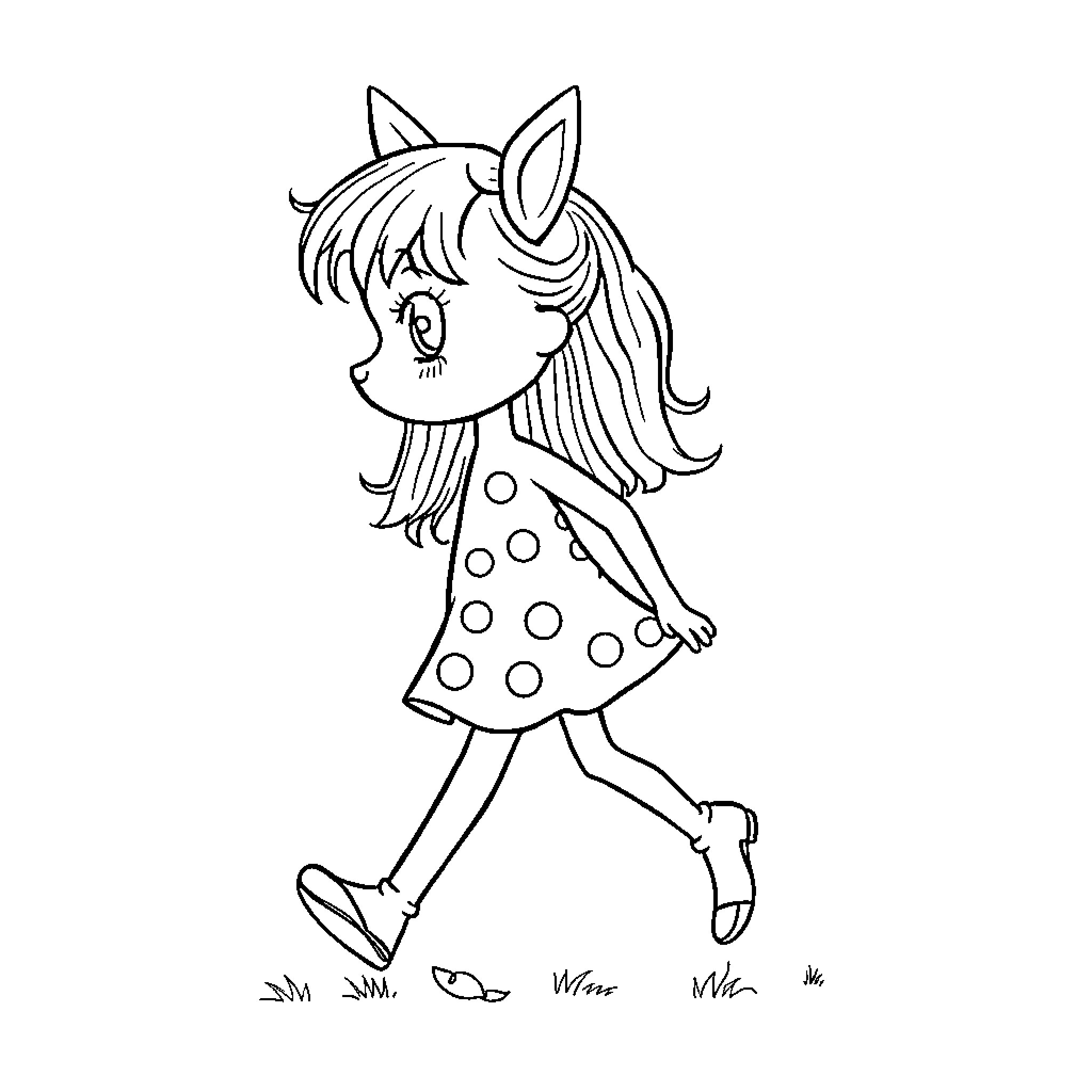 Girl walking with a polka dot dress Coloring Page (free black-and-white line drawing printable PDF for all, from beginners to advanced learners, including children, teens, adults, and seniors)