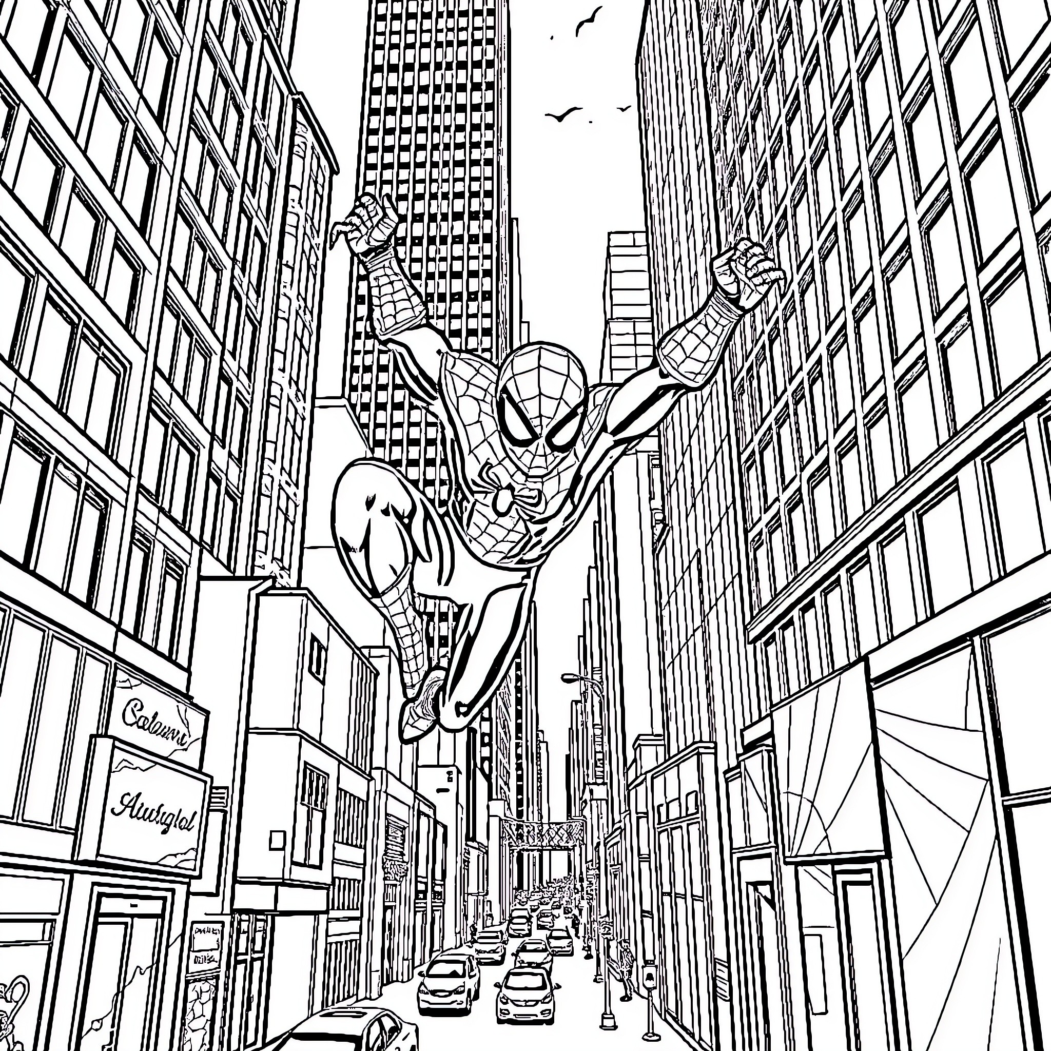 Spiderman swinging through the city streets Coloring Page (free black-and-white line drawing printable PDF for all, from beginners to advanced learners, including children, teens, adults, and seniors)