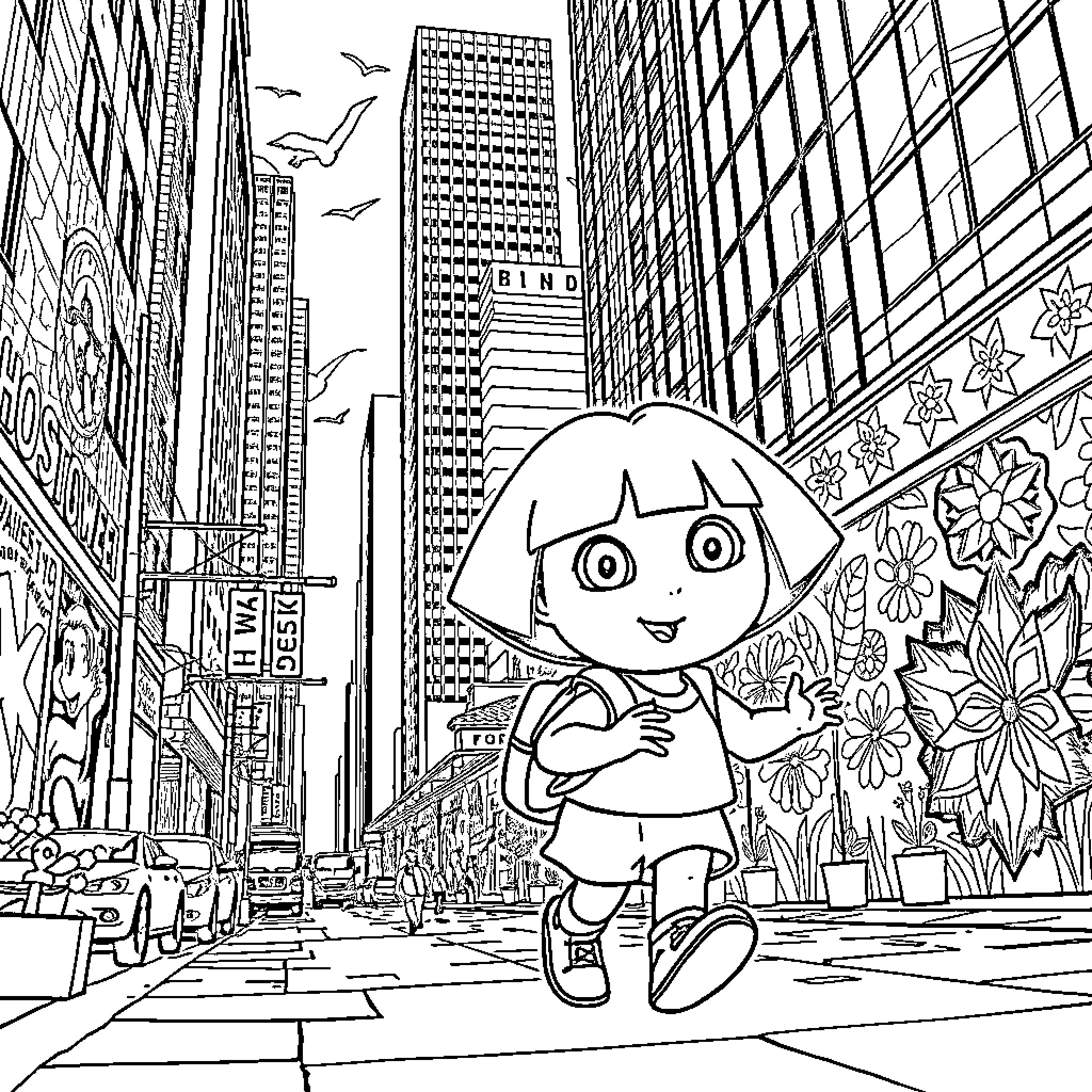 Dora's Adventure in the City Coloring Page (free black-and-white line drawing printable PDF for all, from beginners to advanced learners, including children, teens, adults, and seniors)