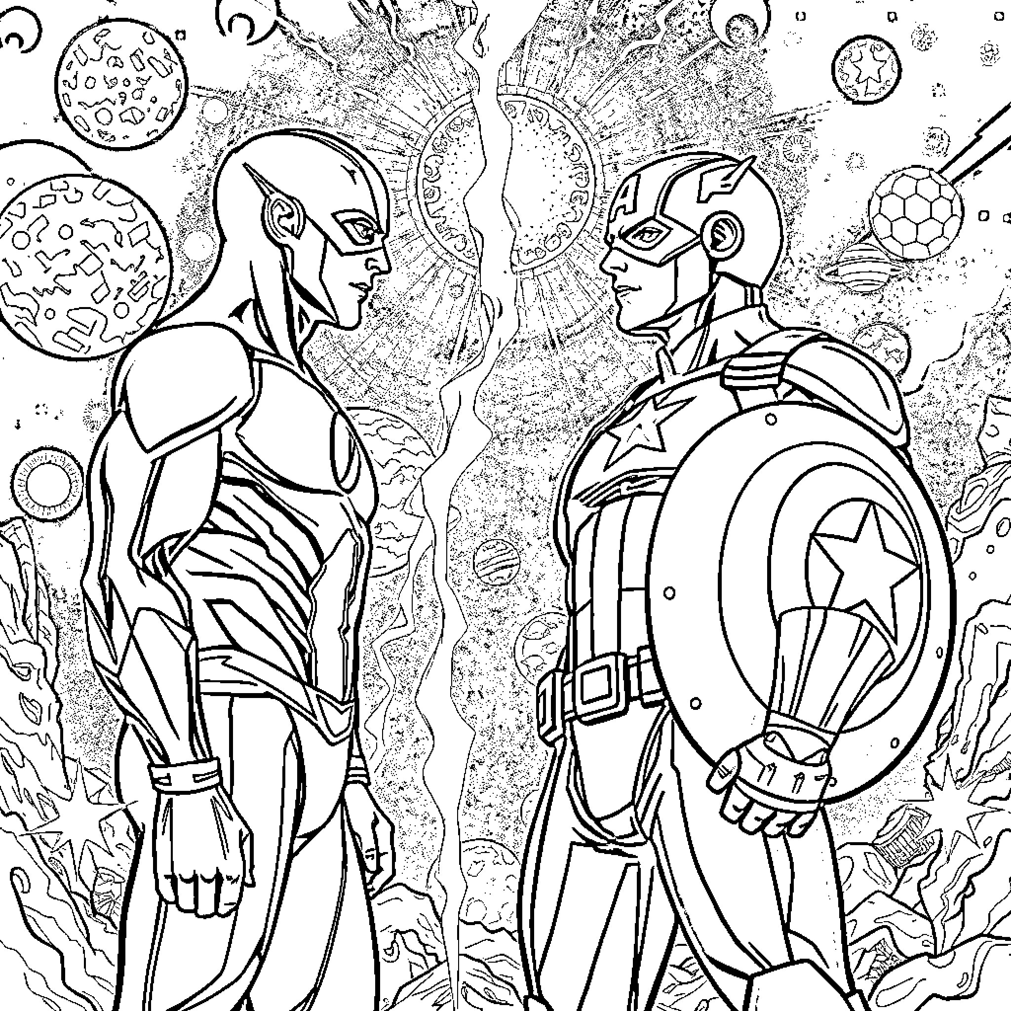 Flash of Heroic Encounter in Cosmic Realm Coloring Page (free black-and-white line drawing printable PDF for all, from beginners to advanced learners, including children, teens, adults, and seniors)