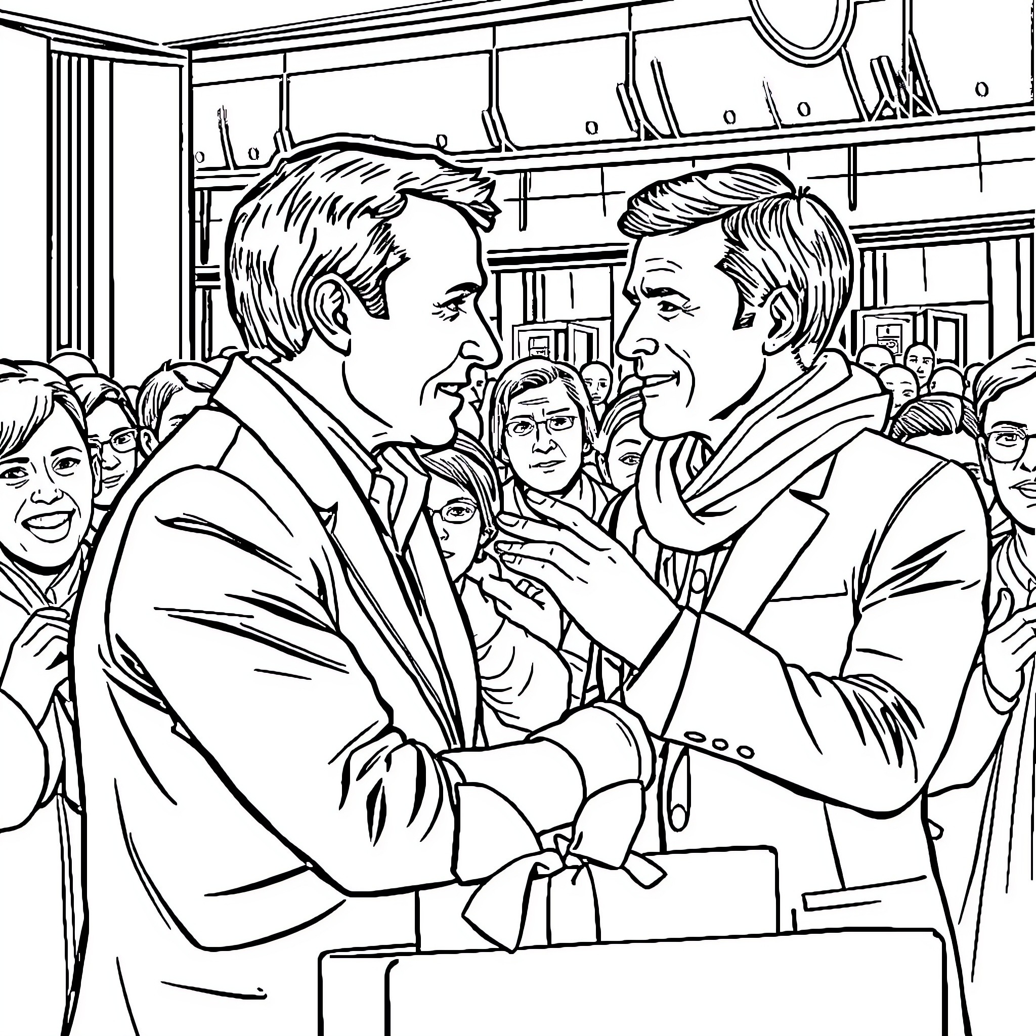 Homme shaking hands in formal setting Coloring Page (free black-and-white line drawing printable PDF for all, from beginners to advanced learners, including children, teens, adults, and seniors)