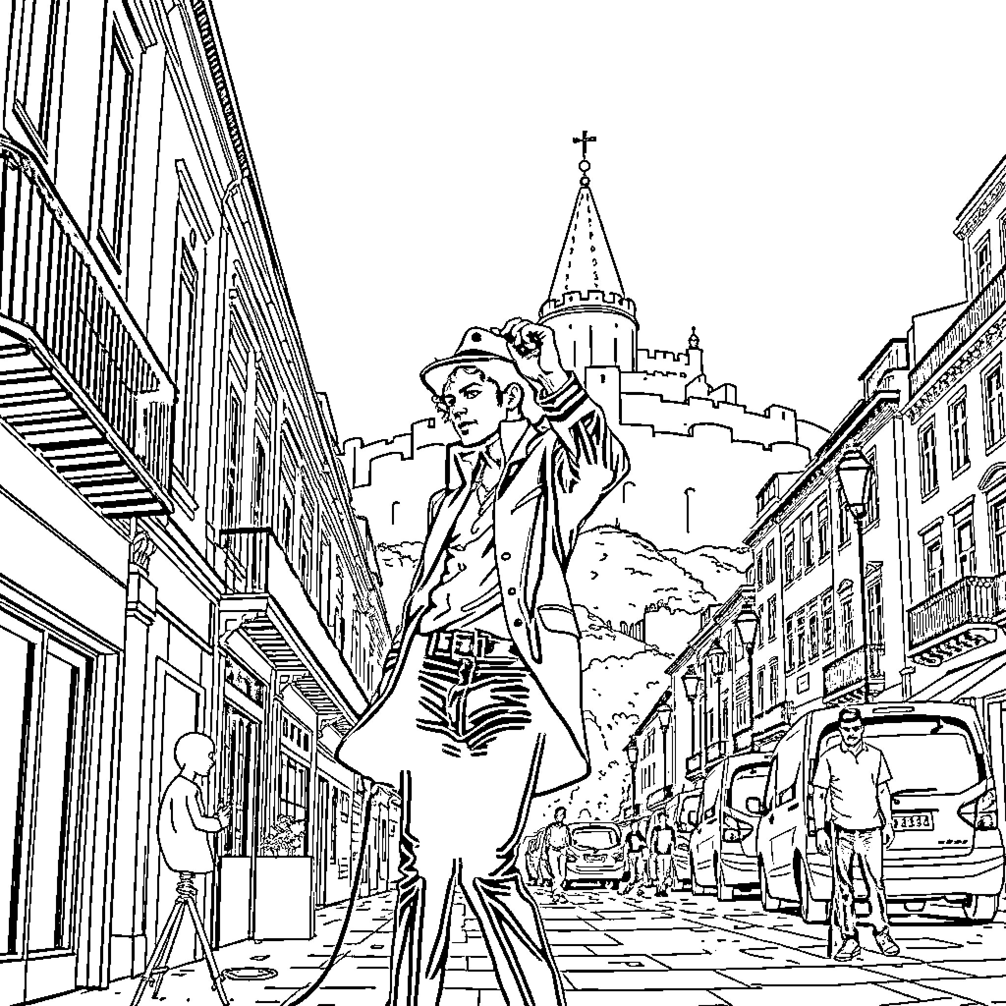Michael Jackson performing on a city street Coloring Page (free black-and-white line drawing printable PDF for all, from beginners to advanced learners, including children, teens, adults, and seniors)