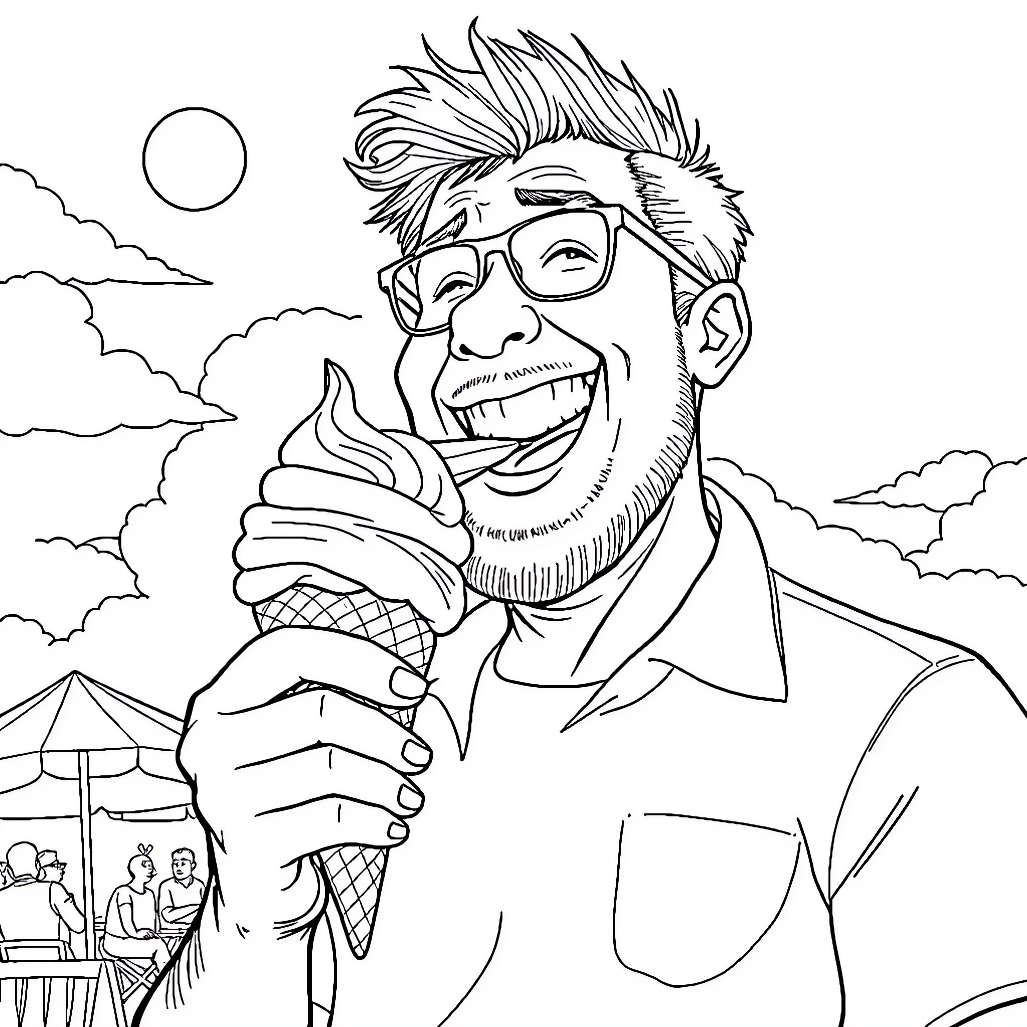 Man enjoys ice cream on a summer day Coloring Page (free black-and-white line drawing printable PDF for all, from beginners to advanced learners, including children, teens, adults, and seniors)