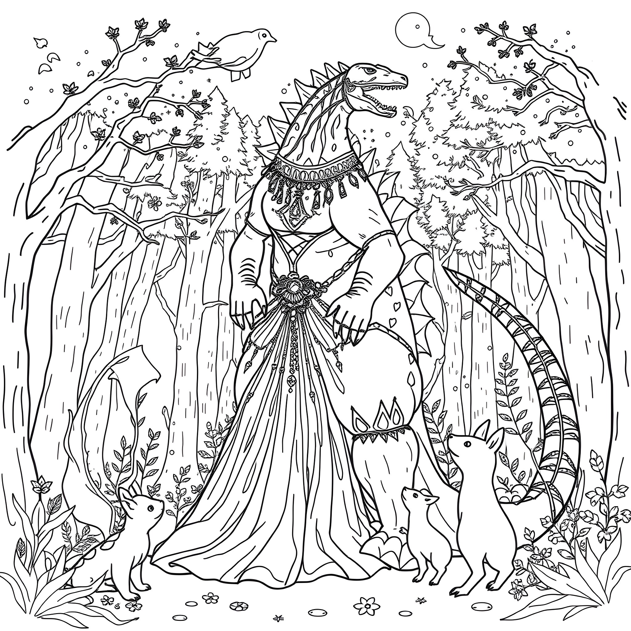 Godzilla's Enchanting Forest Adventure Coloring Page (free black-and-white line drawing printable PDF for all, from beginners to advanced learners, including children, teens, adults, and seniors)
