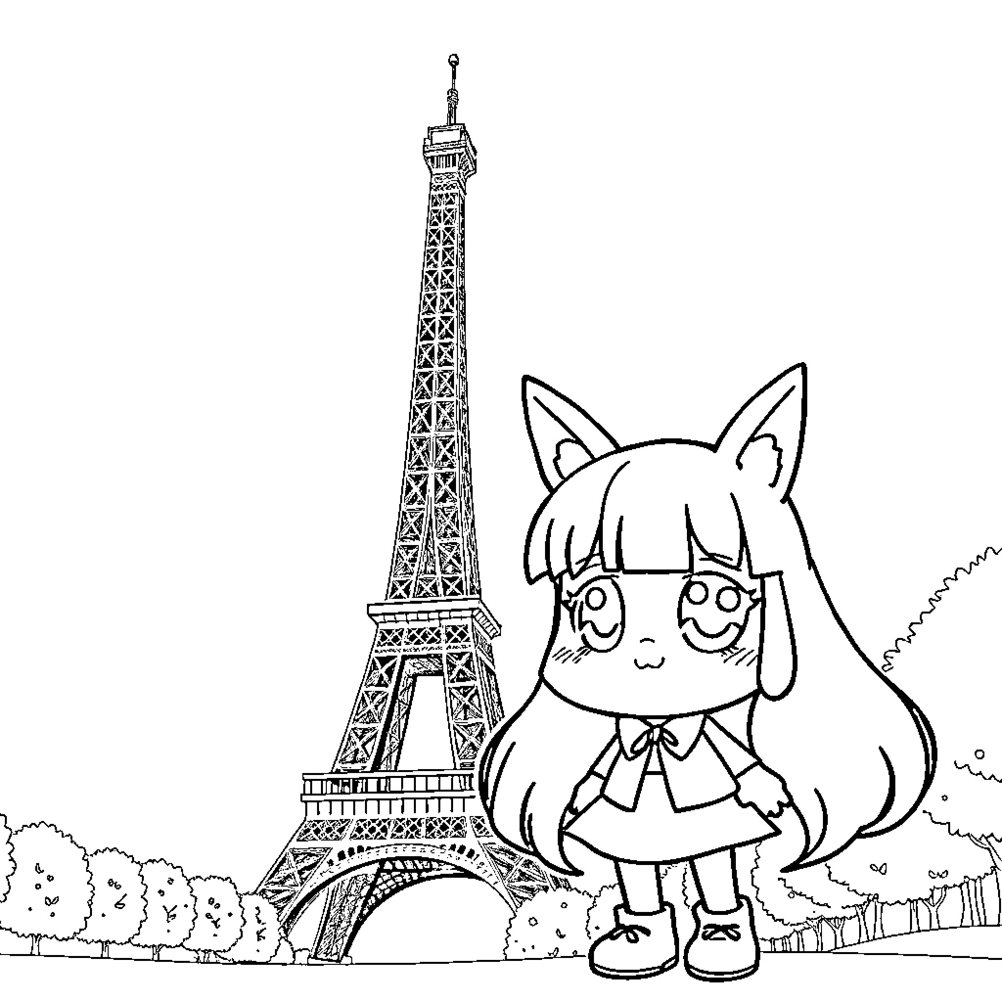Kuromi exploring the Eiffel Tower Coloring Page (free black-and-white line drawing printable PDF for all, from beginners to advanced learners, including children, teens, adults, and seniors)