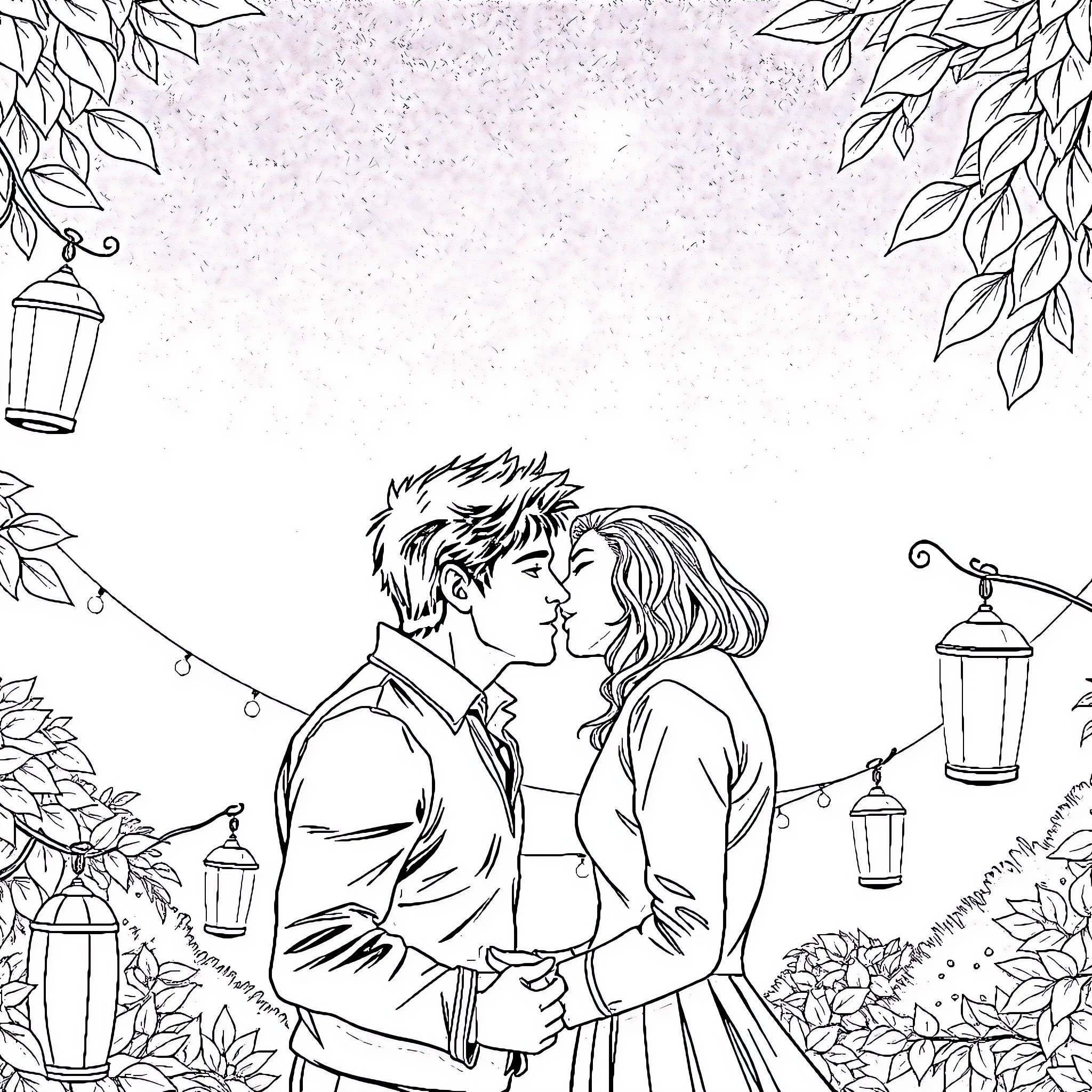 Stefan and Damon's romantic embrace under the moonlight Coloring Page (free black-and-white line drawing printable PDF for all, from beginners to advanced learners, including children, teens, adults, and seniors)