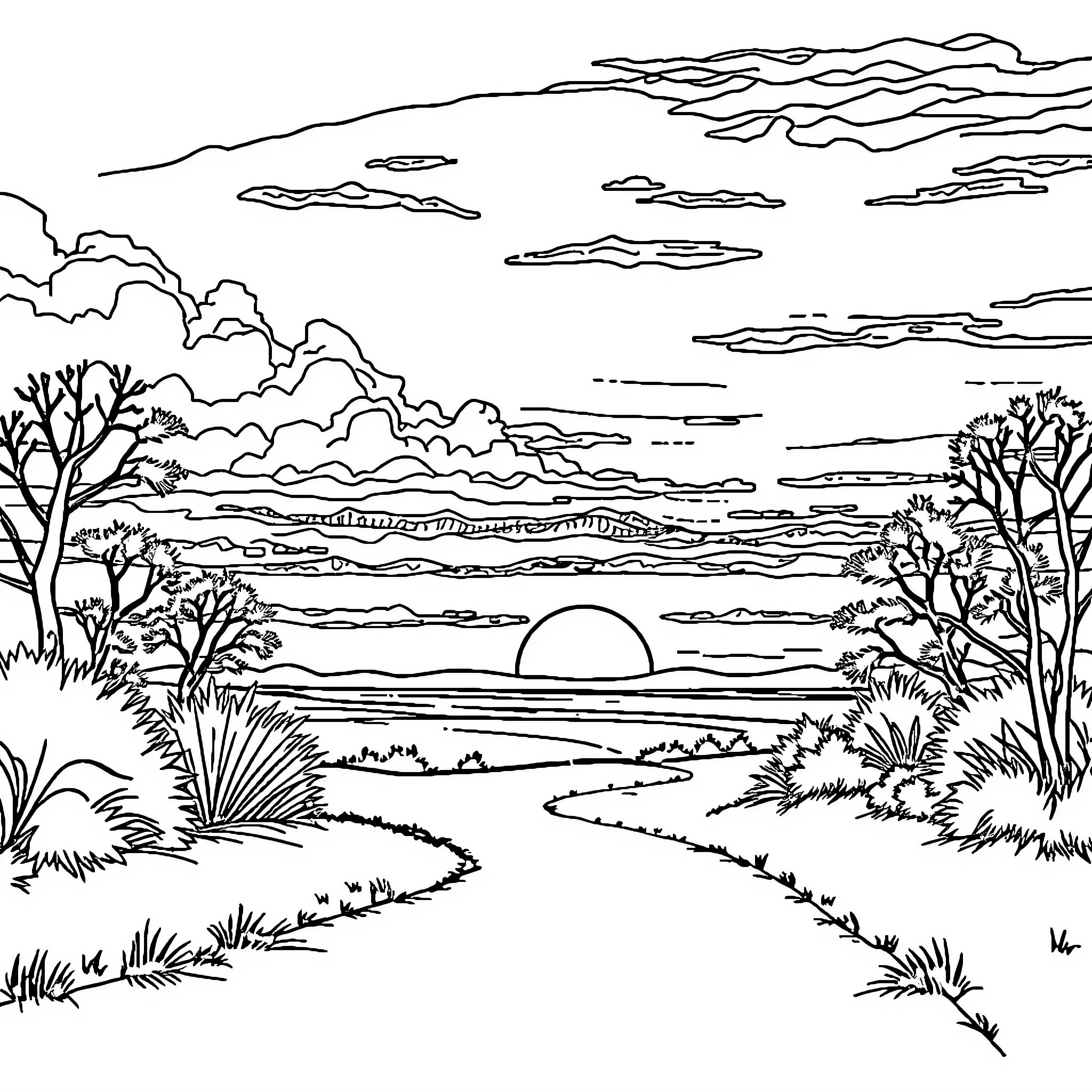 Sunset landscape with a winding path Coloring Page (free black-and-white line drawing printable PDF for all, from beginners to advanced learners, including children, teens, adults, and seniors)