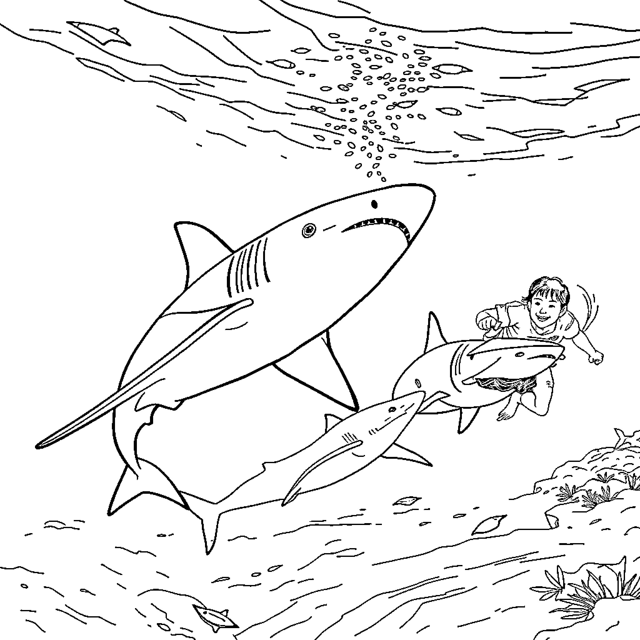 Shark chasing scared diver in the ocean Coloring Page (free black-and-white line drawing printable PDF for all, from beginners to advanced learners, including children, teens, adults, and seniors)