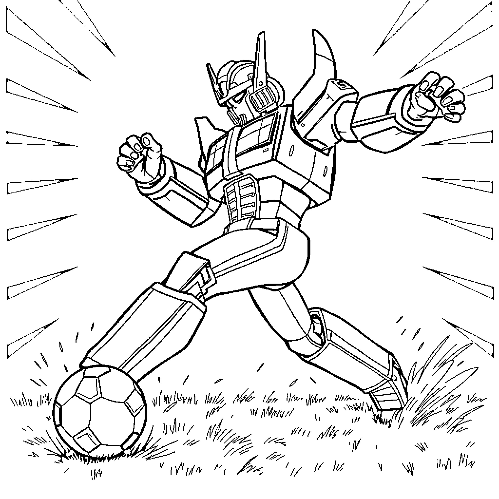 Megazord robot playing soccer on the field Coloring Page (free black-and-white line drawing printable PDF for all, from beginners to advanced learners, including children, teens, adults, and seniors)