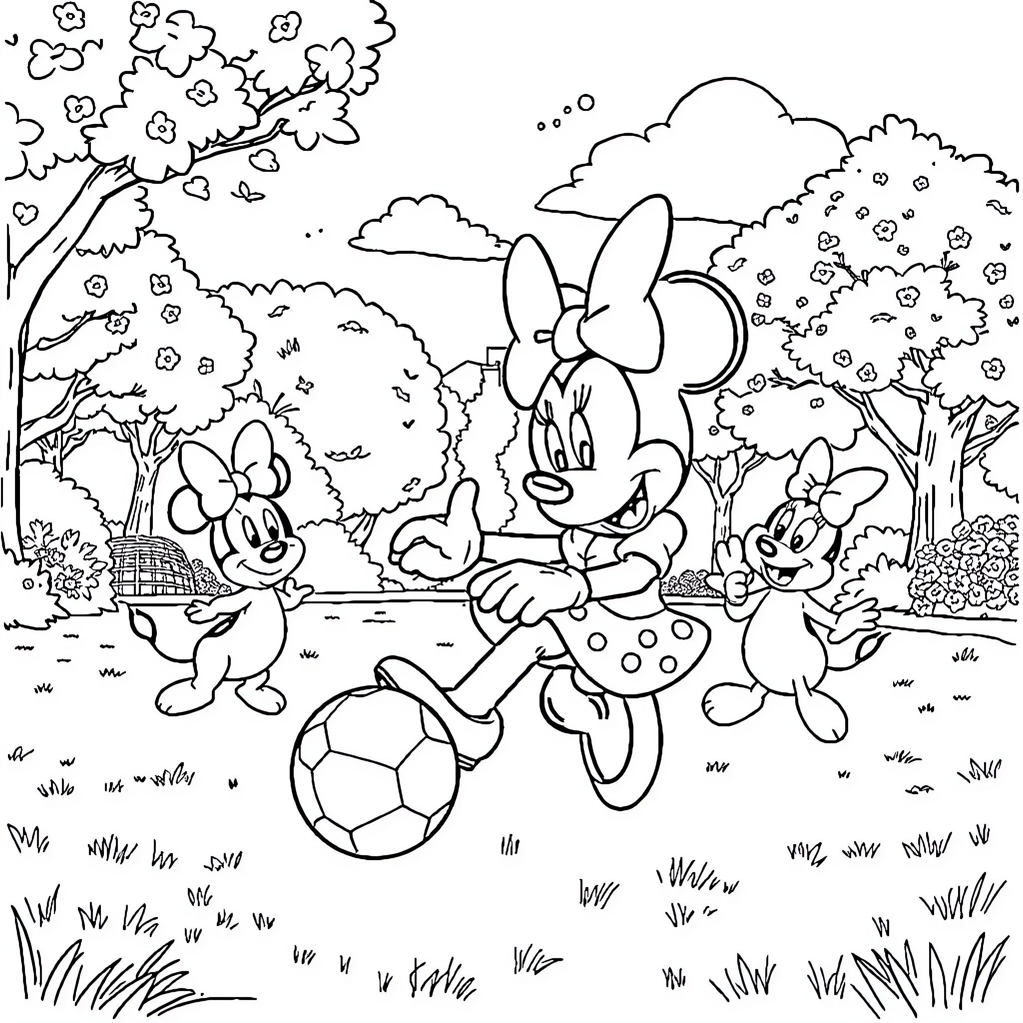 Minnie and Friends Playing Joyfully in the Park Coloring Page (free black-and-white line drawing printable PDF for all, from beginners to advanced learners, including children, teens, adults, and seniors)