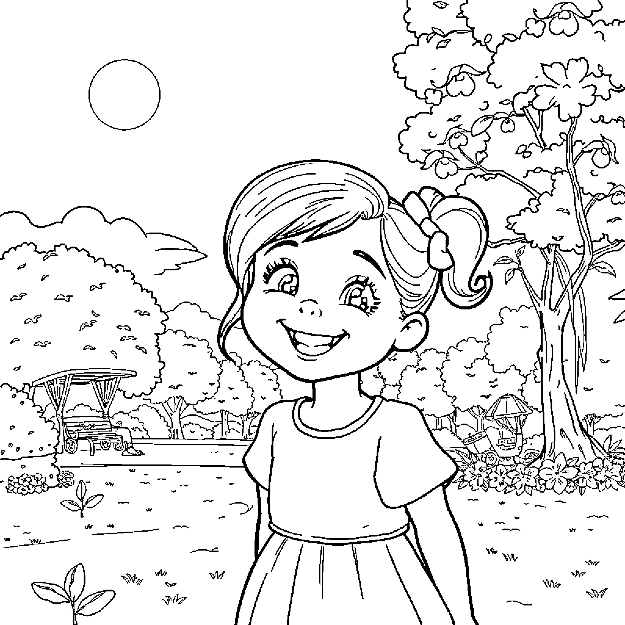 Olivia enjoying the outdoor scenery Coloring Page (free black-and-white line drawing printable PDF for all, from beginners to advanced learners, including children, teens, adults, and seniors)