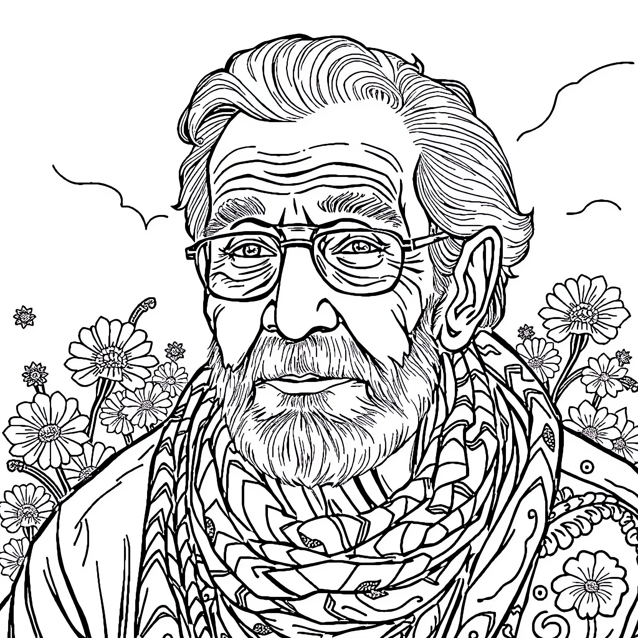 Human with Thoughtful Expression amid Floral Landscape Coloring Page (free black-and-white line drawing printable PDF for all, from beginners to advanced learners, including children, teens, adults, and seniors)