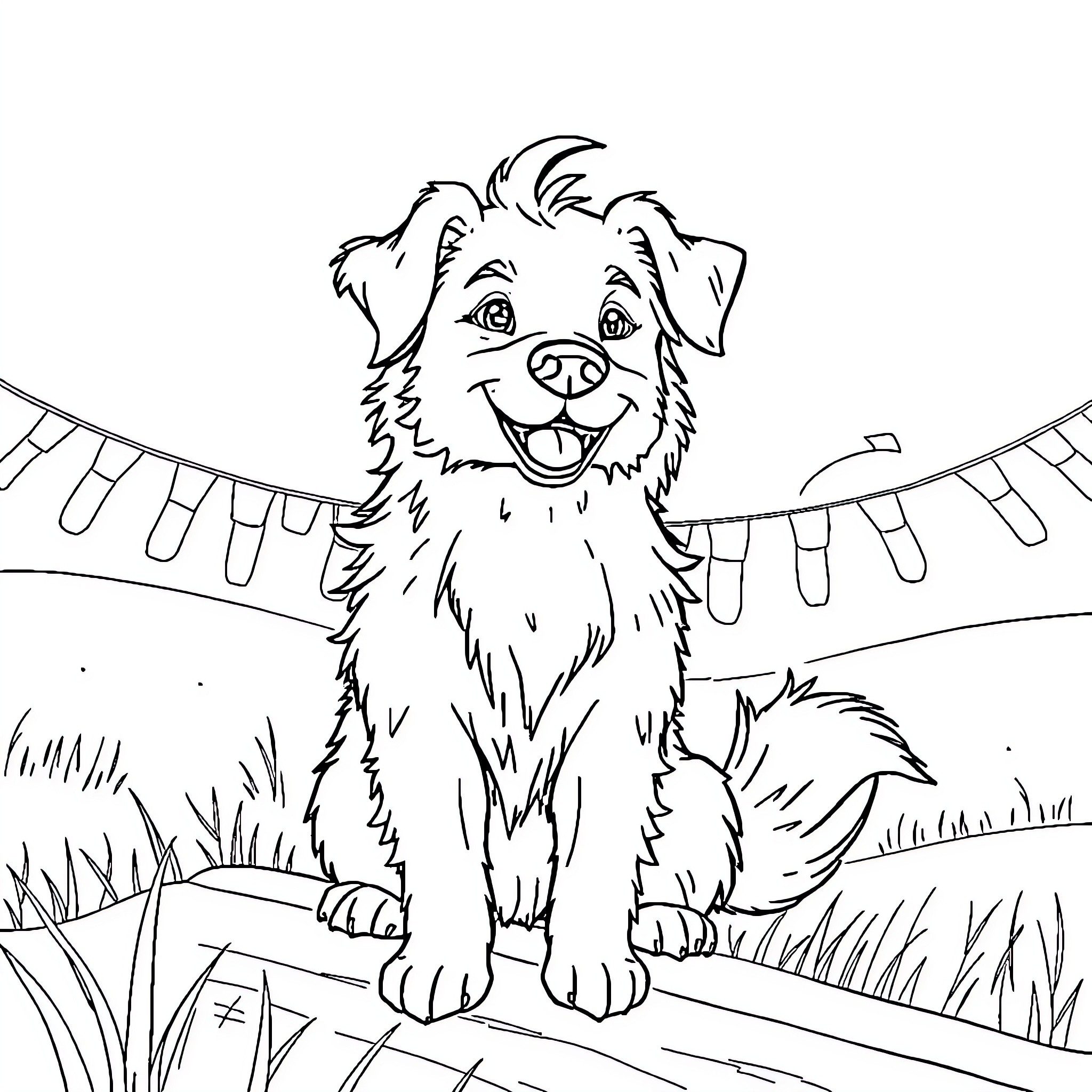 Hund playing happily near the fence Coloring Page (free black-and-white line drawing printable PDF for all, from beginners to advanced learners, including children, teens, adults, and seniors)