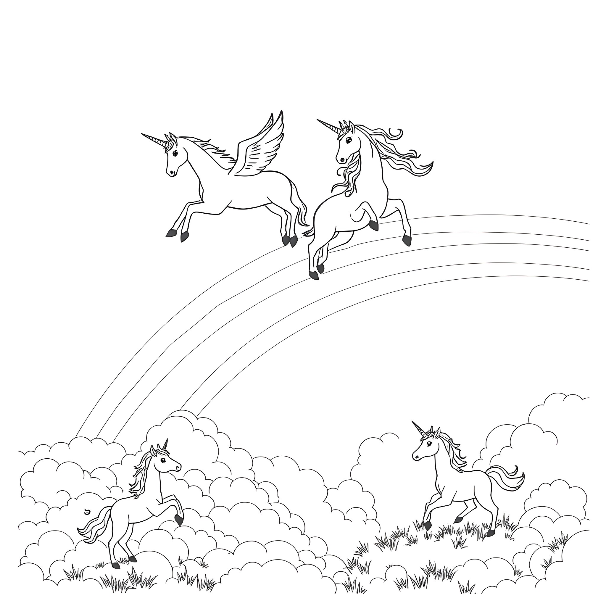 Unicorn Herd Frolicking Through Enchanting Skies Coloring Page (free black-and-white line drawing printable PDF for all, from beginners to advanced learners, including children, teens, adults, and seniors)