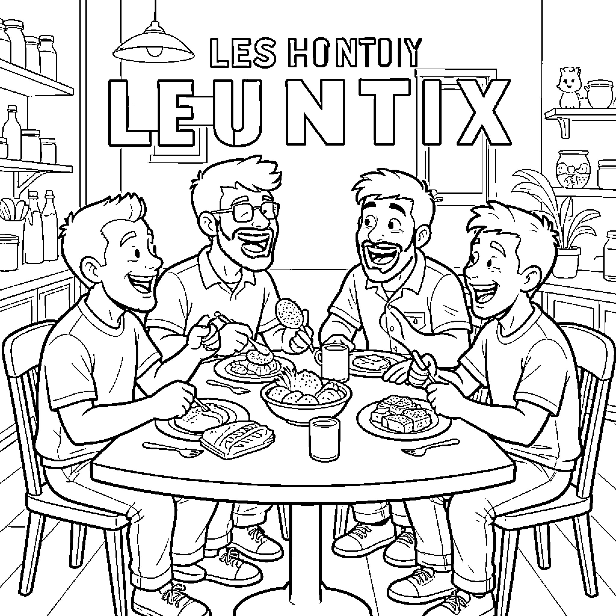 Huntrix men laughing and enjoying a meal together Coloring Page (free black-and-white line drawing printable PDF for all, from beginners to advanced learners, including children, teens, adults, and seniors)