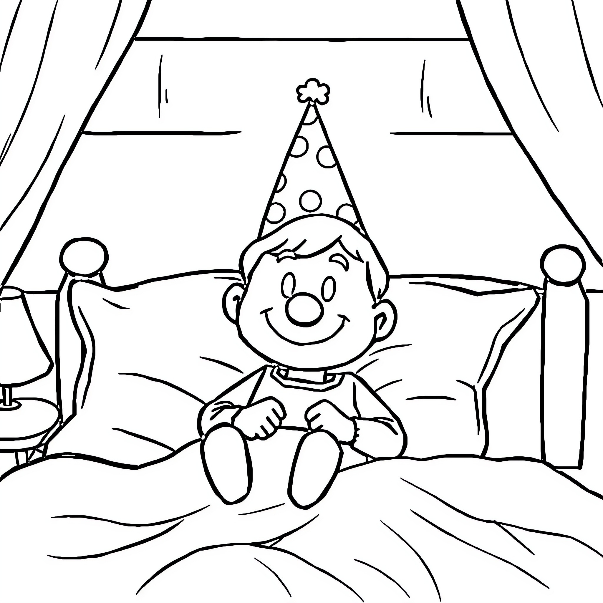 Steve celebrates his birthday in bed Coloring Page (free black-and-white line drawing printable PDF for all, from beginners to advanced learners, including children, teens, adults, and seniors)