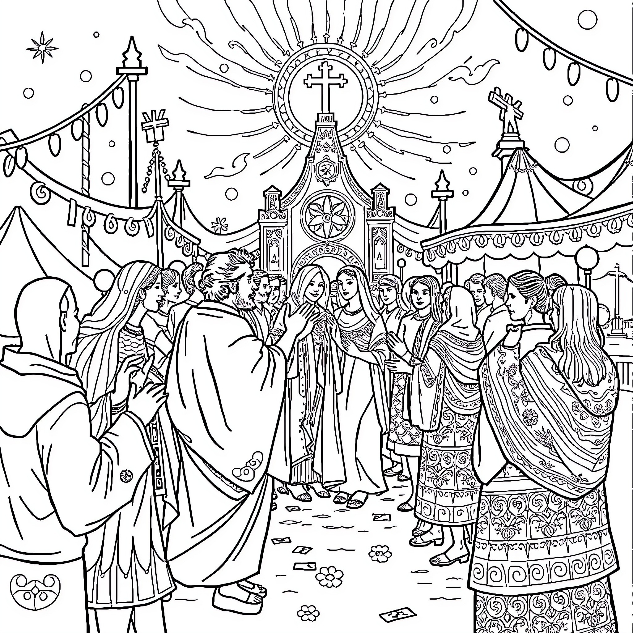 Kerigma: Solemn Procession with Heavenly Figures Coloring Page (free black-and-white line drawing printable PDF for all, from beginners to advanced learners, including children, teens, adults, and seniors)