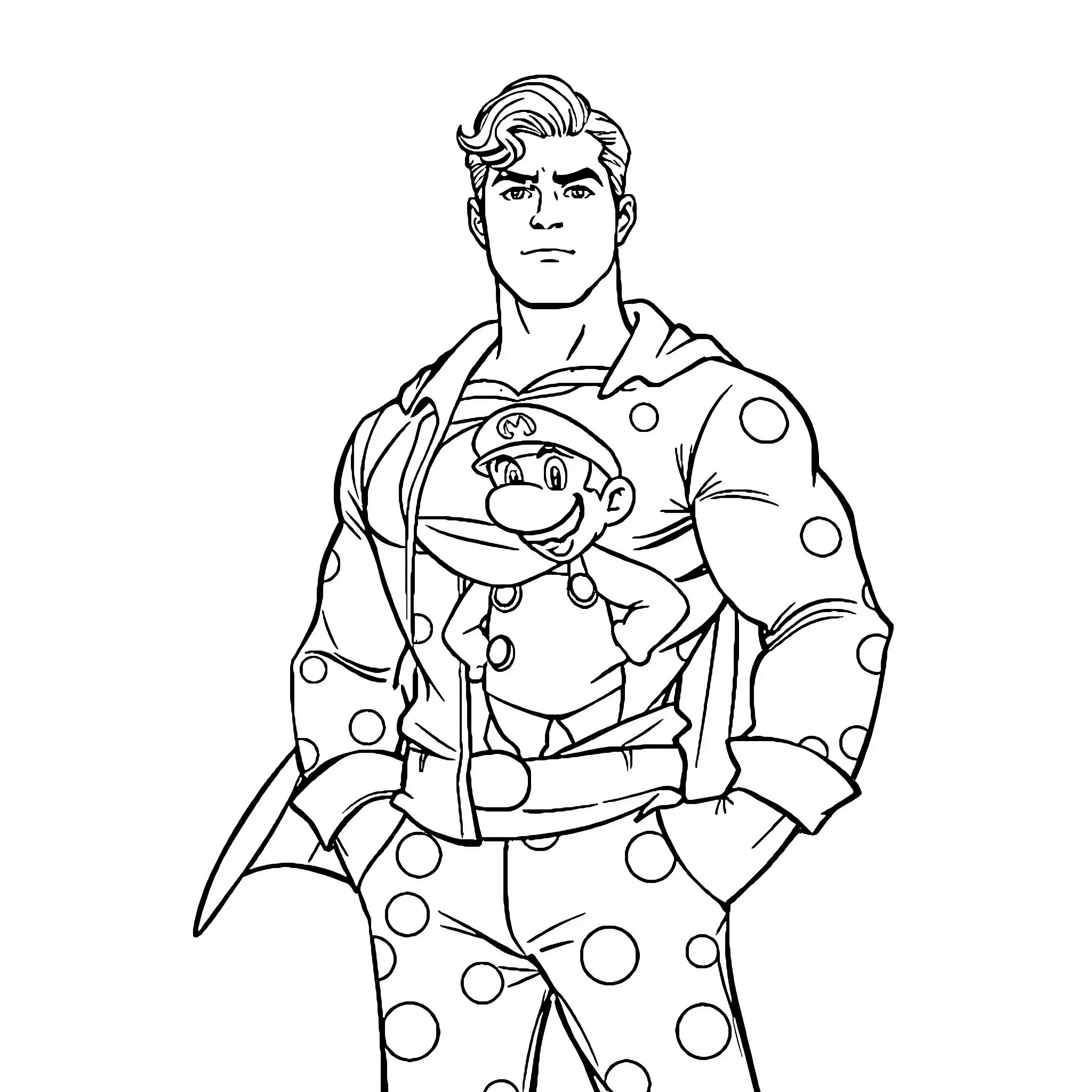 Superman in Polka Dot Outfit with Companion Coloring Page (free black-and-white line drawing printable PDF for all, from beginners to advanced learners, including children, teens, adults, and seniors)