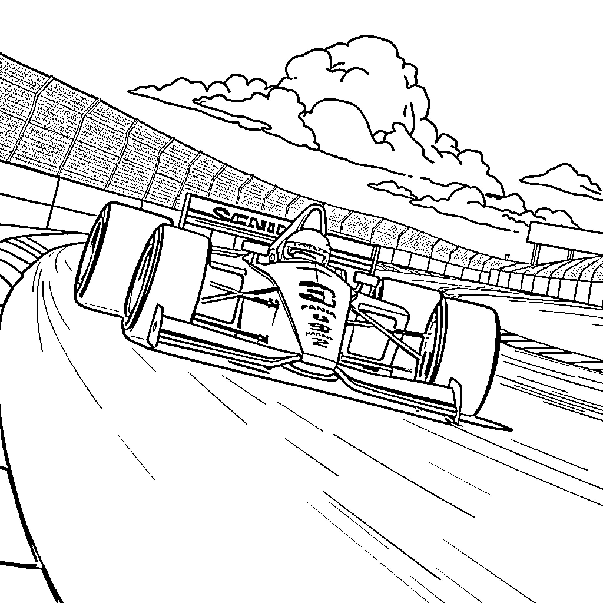 F1 race car speeding on the circuit Coloring Page (free black-and-white line drawing printable PDF for all, from beginners to advanced learners, including children, teens, adults, and seniors)