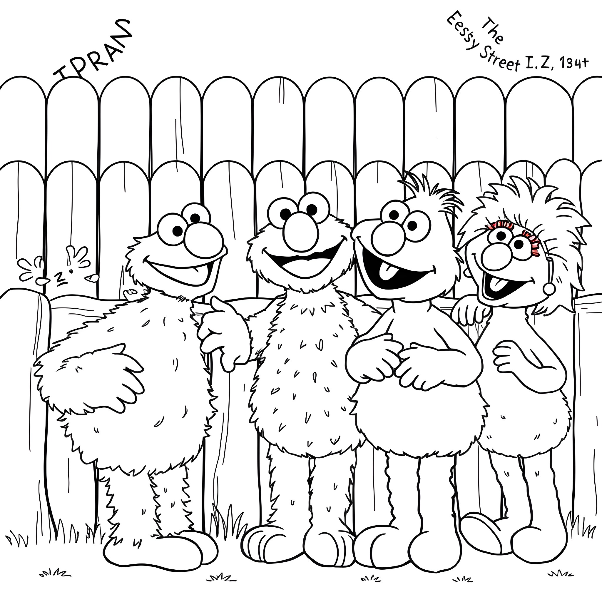 Sesame Street characters in a happy group portrait Coloring Page (free black-and-white line drawing printable PDF for all, from beginners to advanced learners, including children, teens, adults, and seniors)