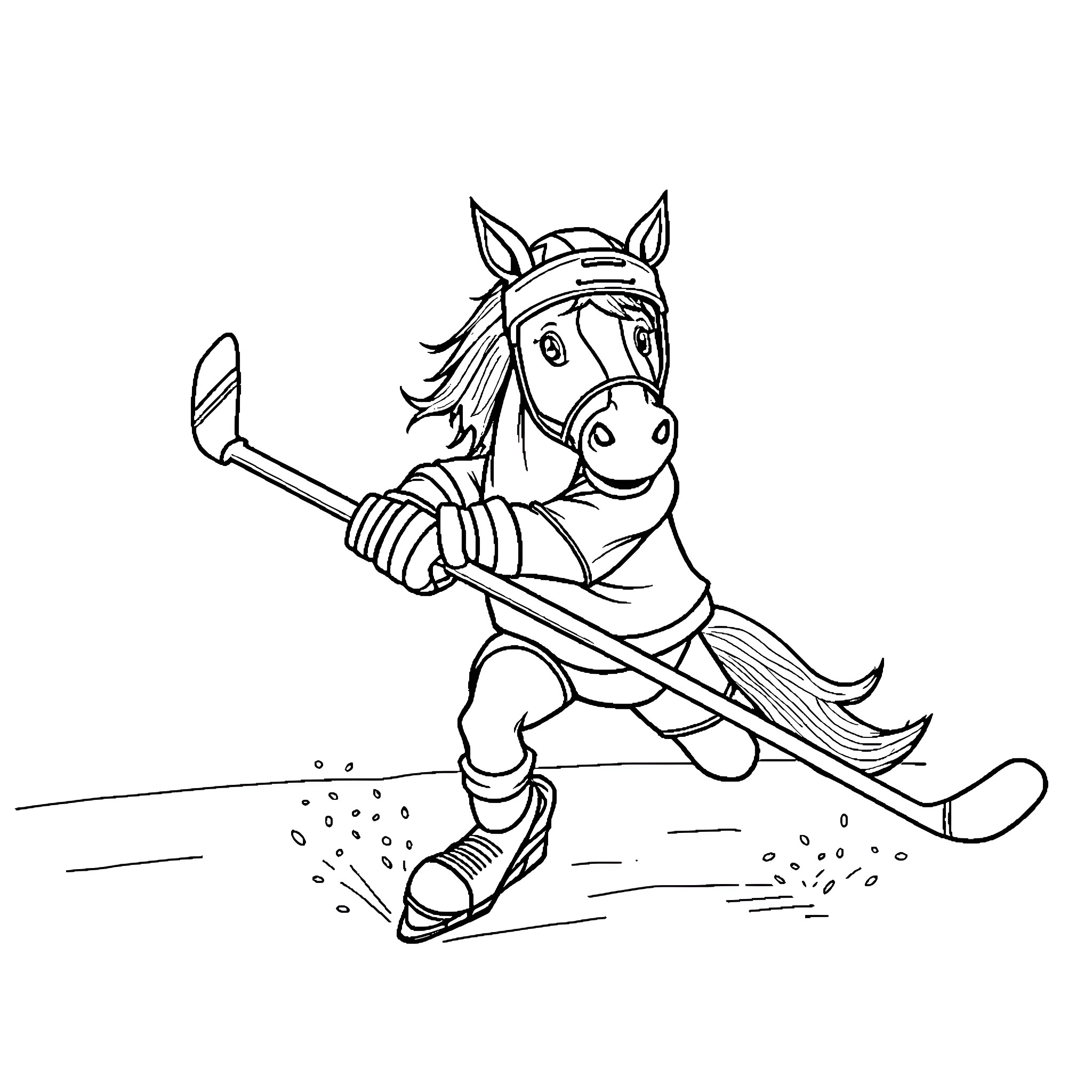 Horse playing hockey on ice with hockey stick Coloring Page (free black-and-white line drawing printable PDF for all, from beginners to advanced learners, including children, teens, adults, and seniors)