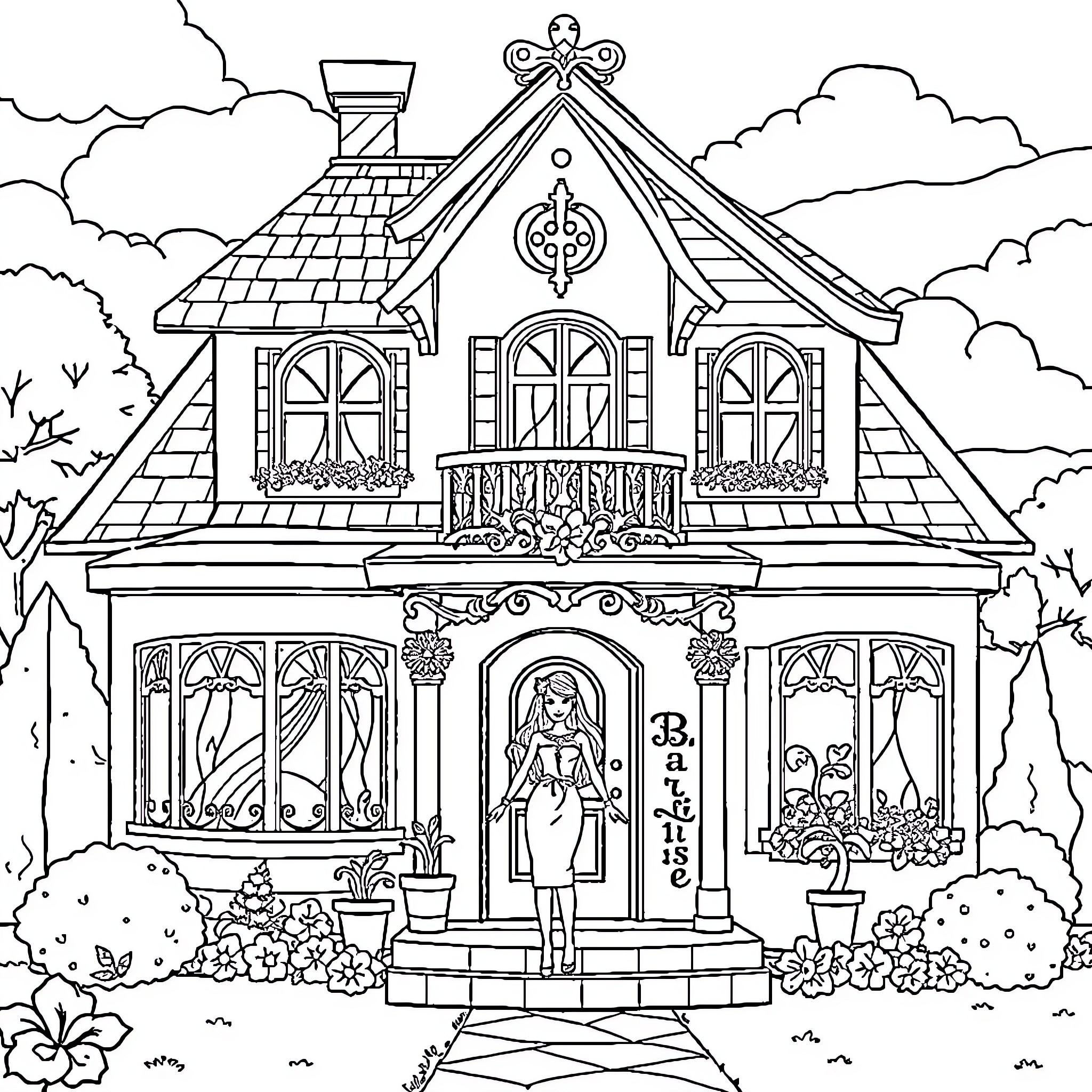 Barbie's Enchanting Storybook Cottage Coloring Page (free black-and-white line drawing printable PDF for all, from beginners to advanced learners, including children, teens, adults, and seniors)