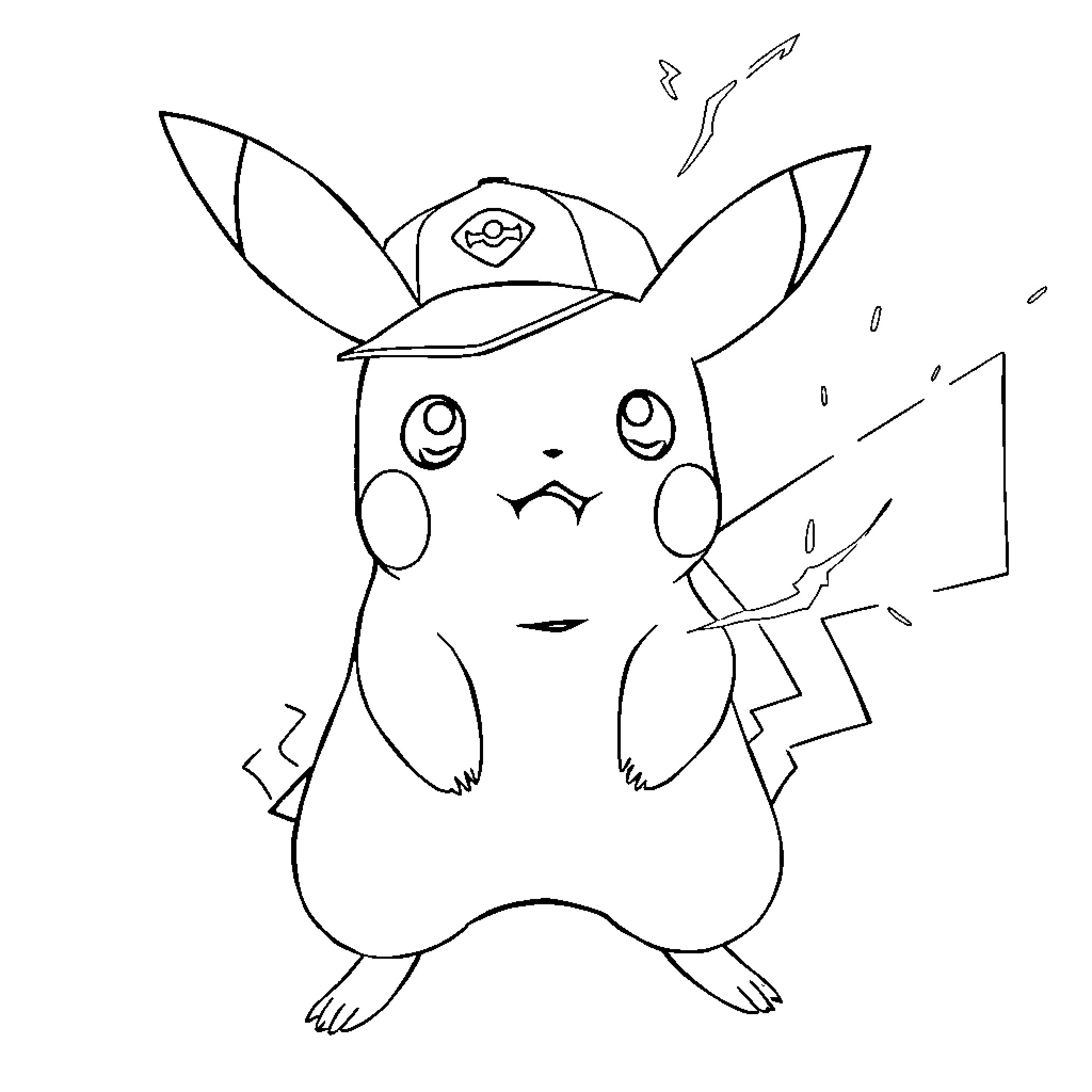 Pikachu wearing a hat and looking curious Coloring Page (free black-and-white line drawing printable PDF for all, from beginners to advanced learners, including children, teens, adults, and seniors)