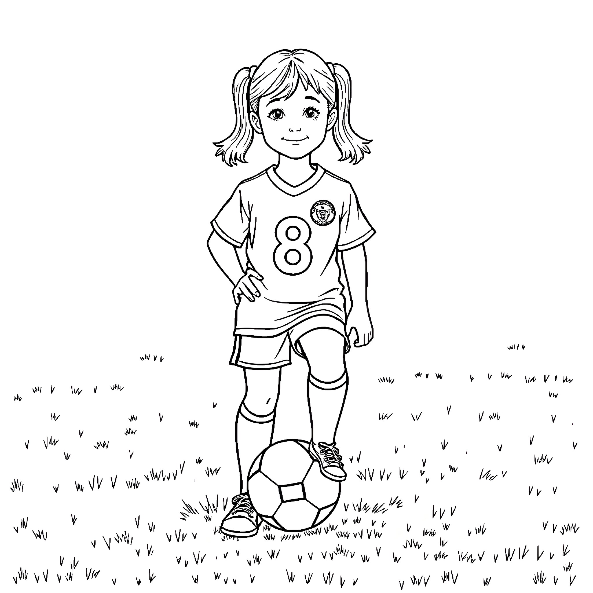 Girl playing soccer in a field Coloring Page (free black-and-white line drawing printable PDF for all, from beginners to advanced learners, including children, teens, adults, and seniors)