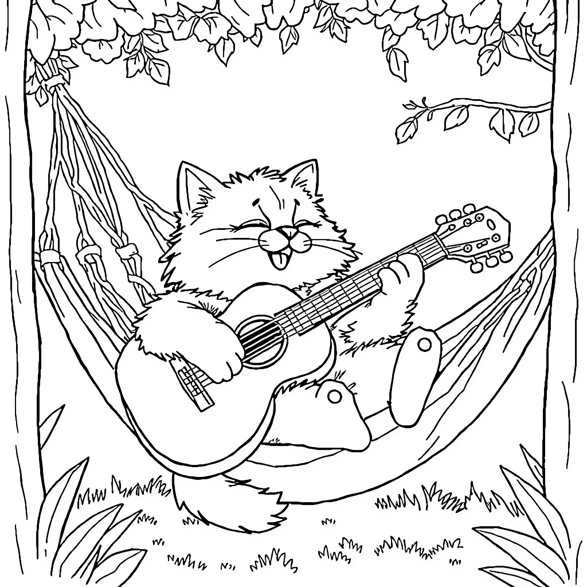 Cat playing guitar in forest Coloring Page (free black-and-white line drawing printable PDF for all, from beginners to advanced learners, including children, teens, adults, and seniors)
