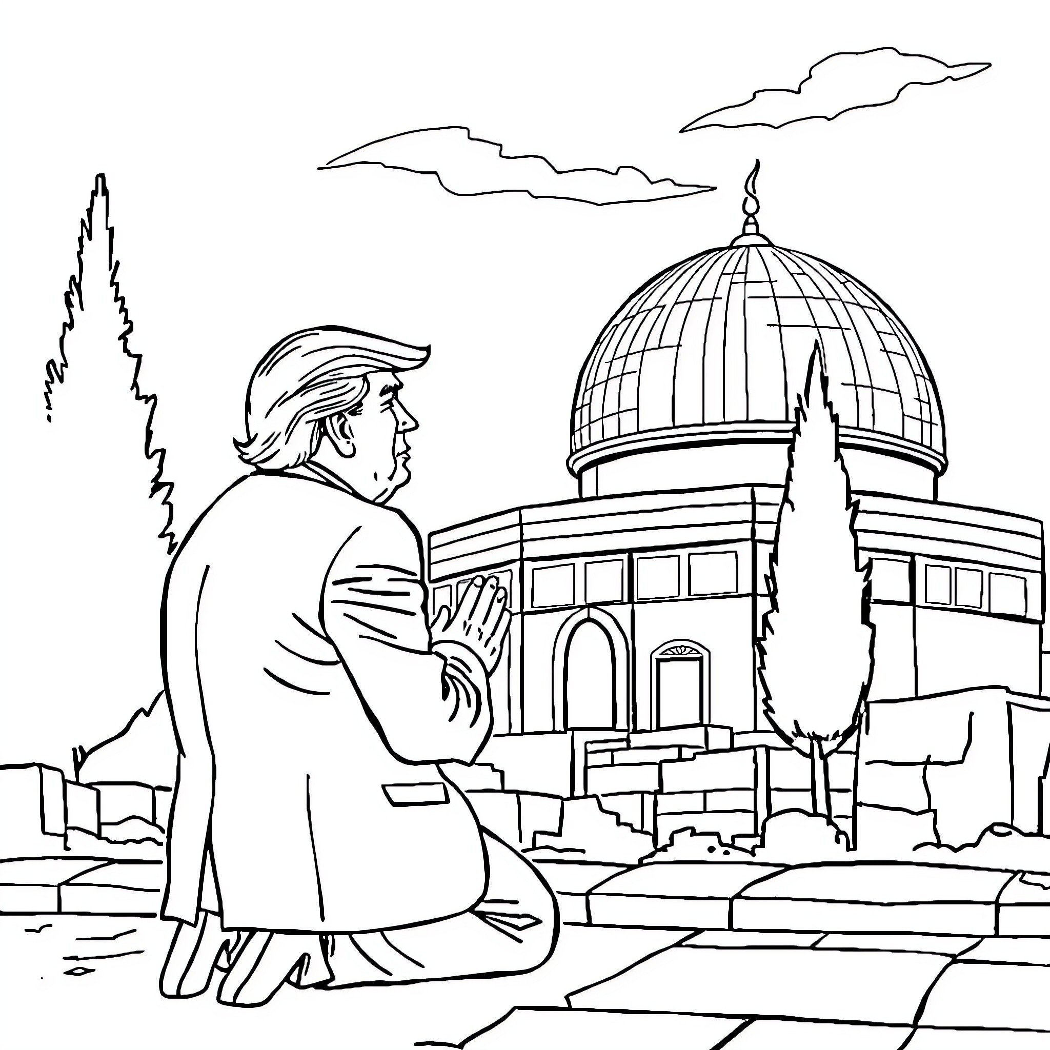 Trump praying before the Dome of the Rock Coloring Page (free black-and-white line drawing printable PDF for all, from beginners to advanced learners, including children, teens, adults, and seniors)