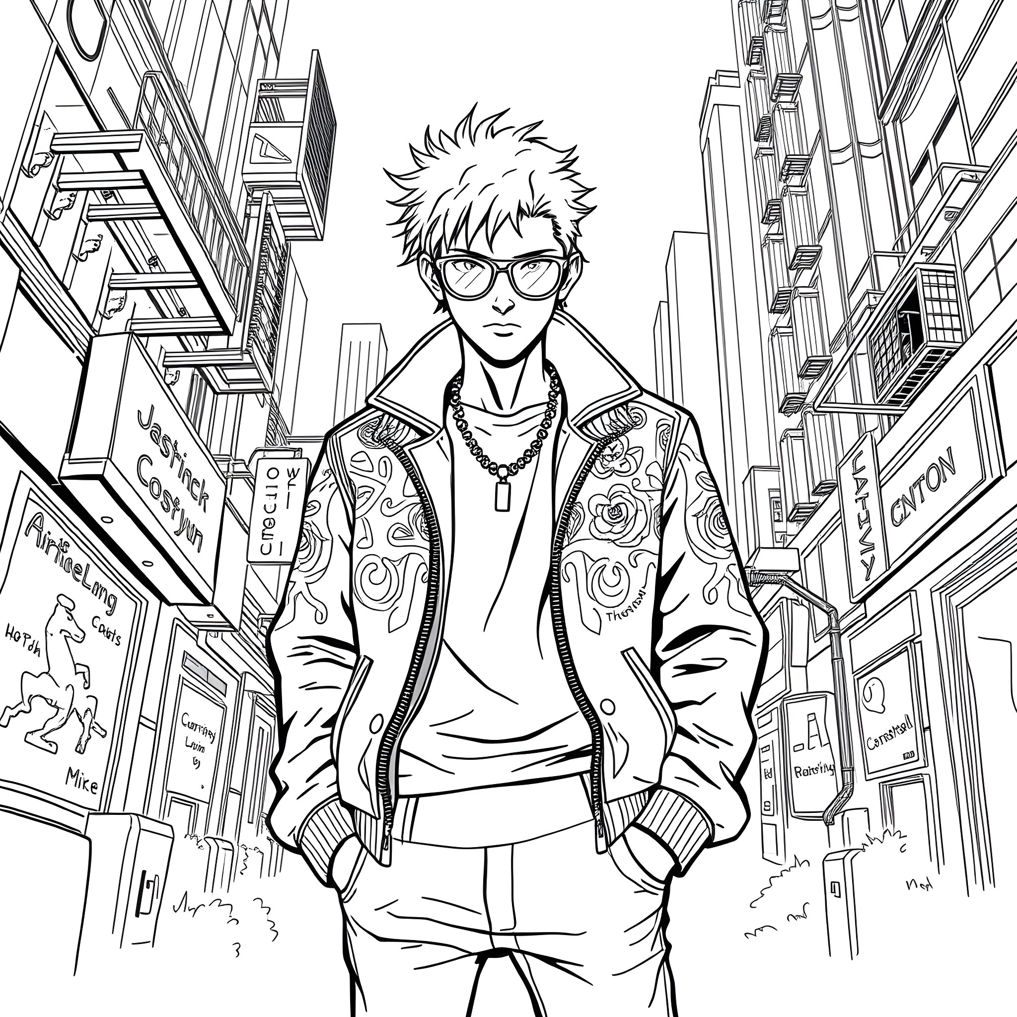 Jacket-clad figure in cityscape Coloring Page (free black-and-white line drawing printable PDF for all, from beginners to advanced learners, including children, teens, adults, and seniors)