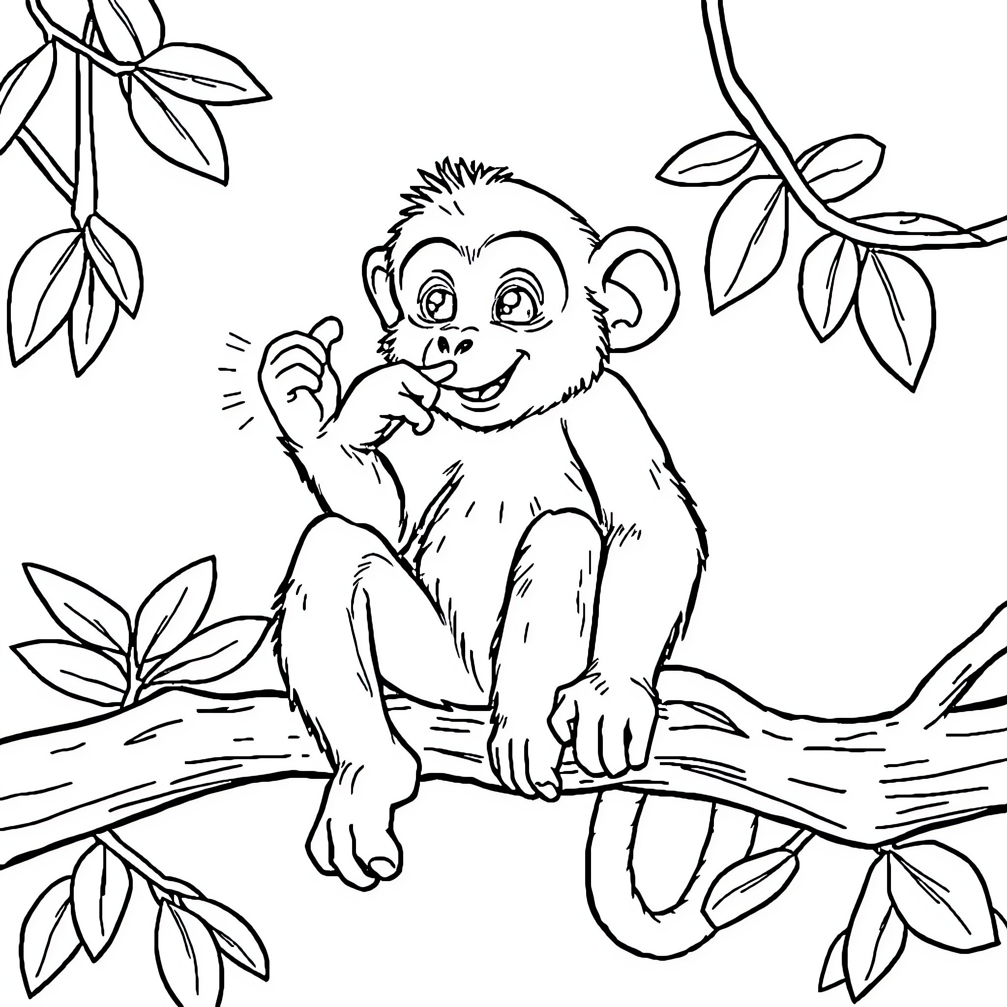 Monkey playing happily in the jungle Coloring Page (free black-and-white line drawing printable PDF for all, from beginners to advanced learners, including children, teens, adults, and seniors)