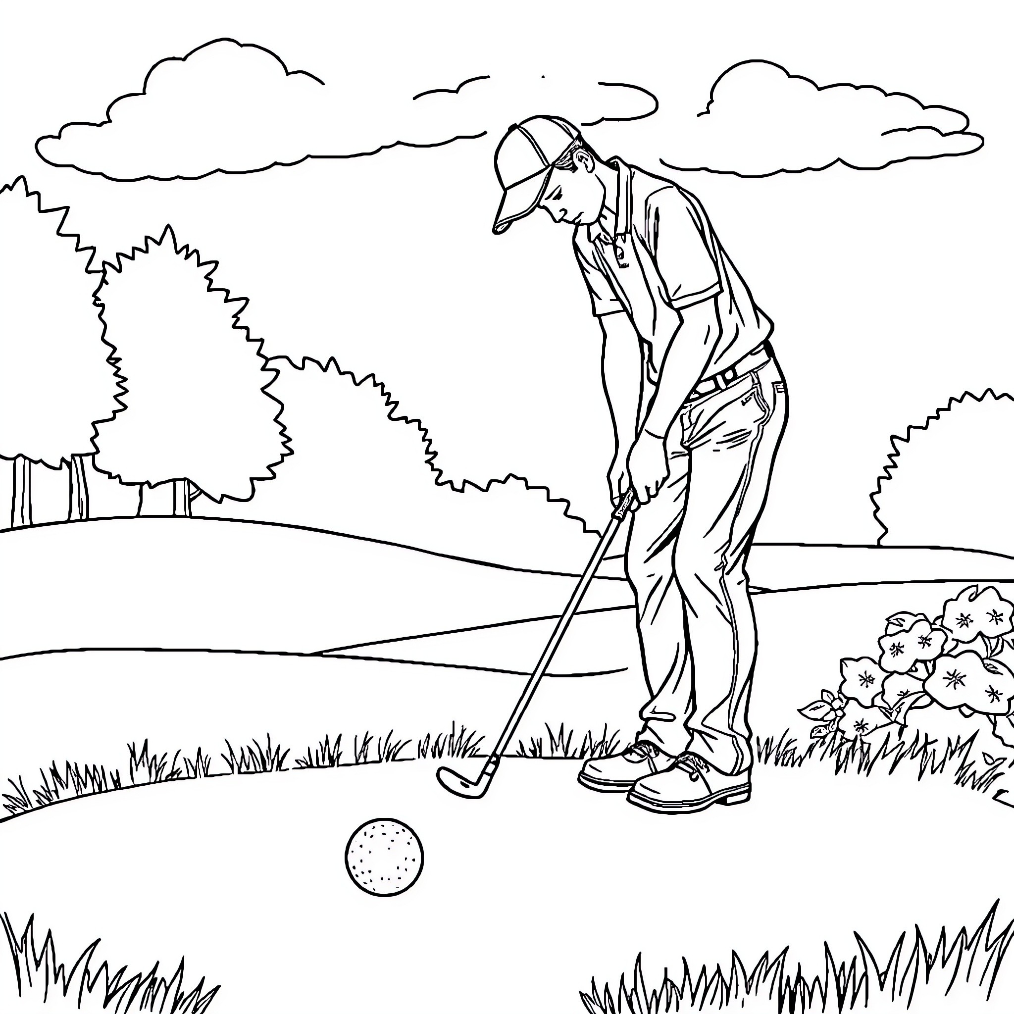 Golfer focused on the fairway shot Coloring Page (free black-and-white line drawing printable PDF for all, from beginners to advanced learners, including children, teens, adults, and seniors)
