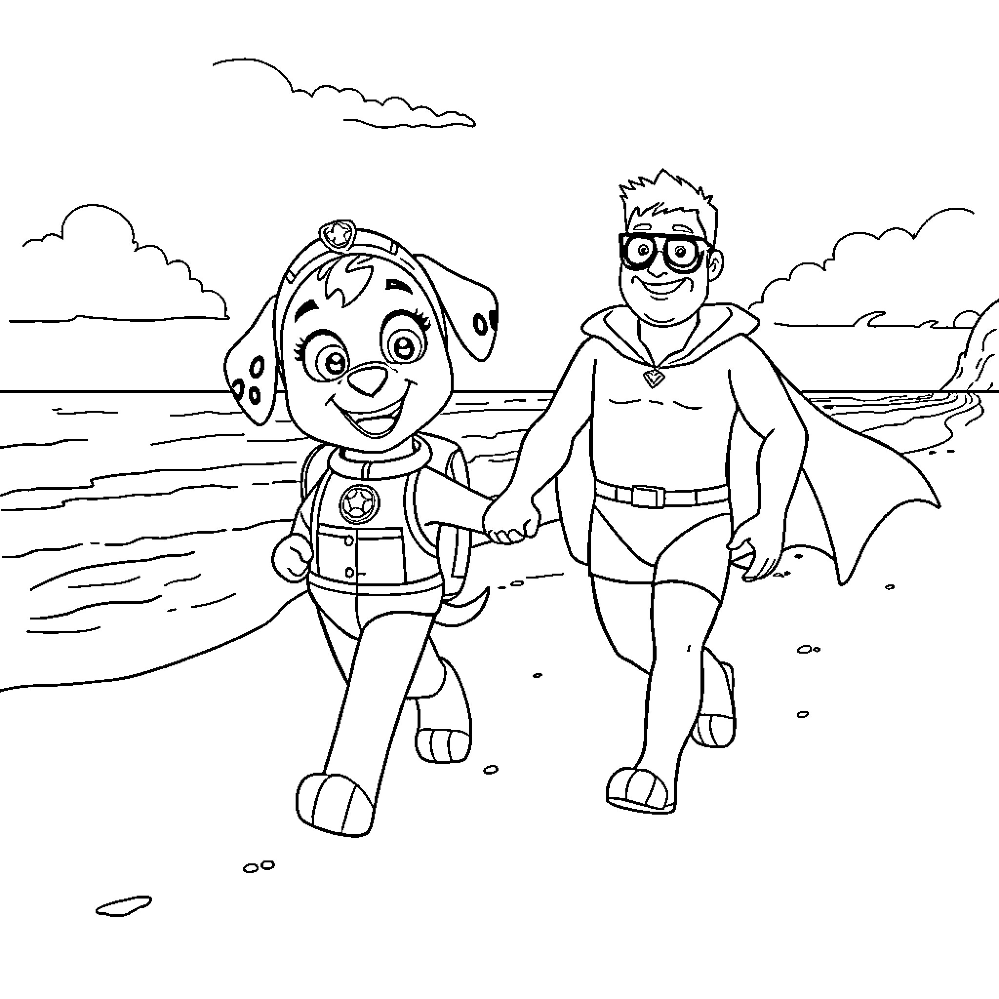 Skye and Superhero at the Beach Coloring Page (free black-and-white line drawing printable PDF for all, from beginners to advanced learners, including children, teens, adults, and seniors)