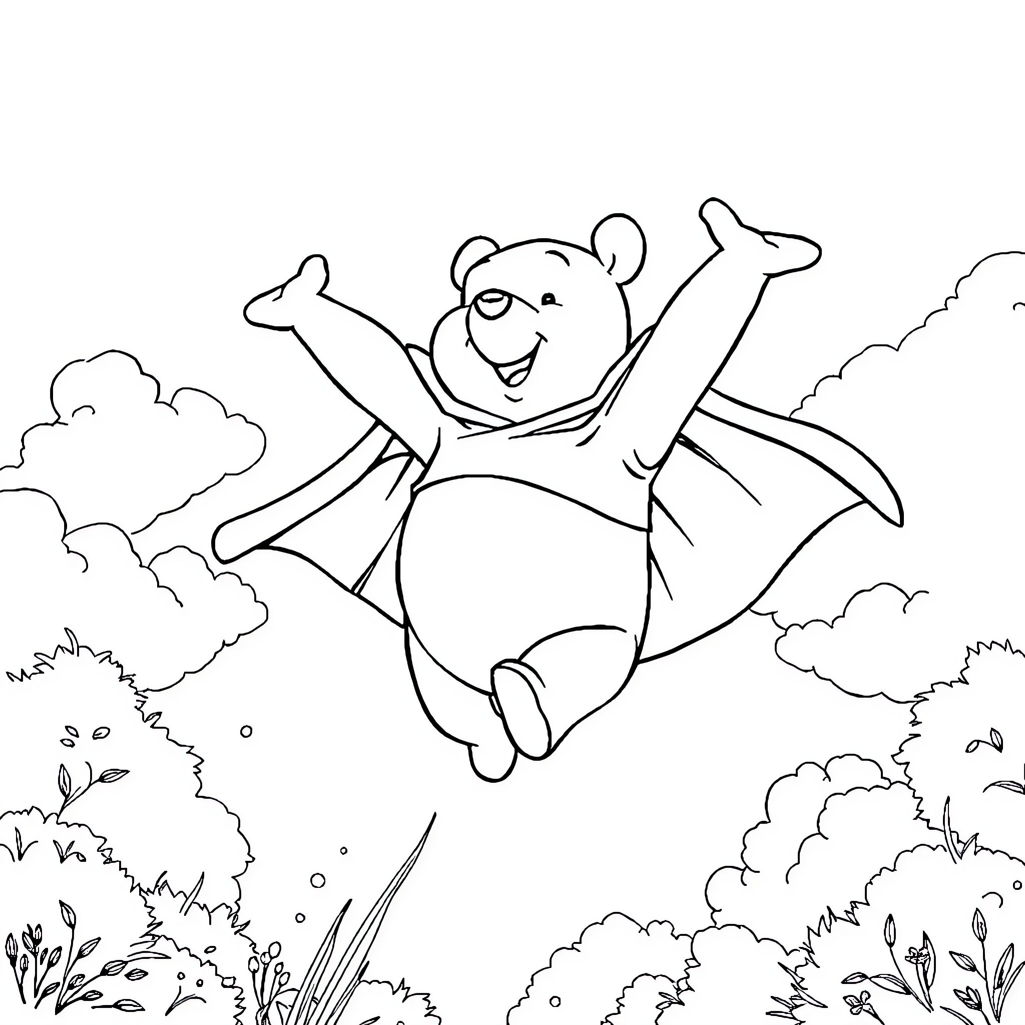Winnie The Pooh joyfully jumping in the clouds Coloring Page (free black-and-white line drawing printable PDF for all, from beginners to advanced learners, including children, teens, adults, and seniors)