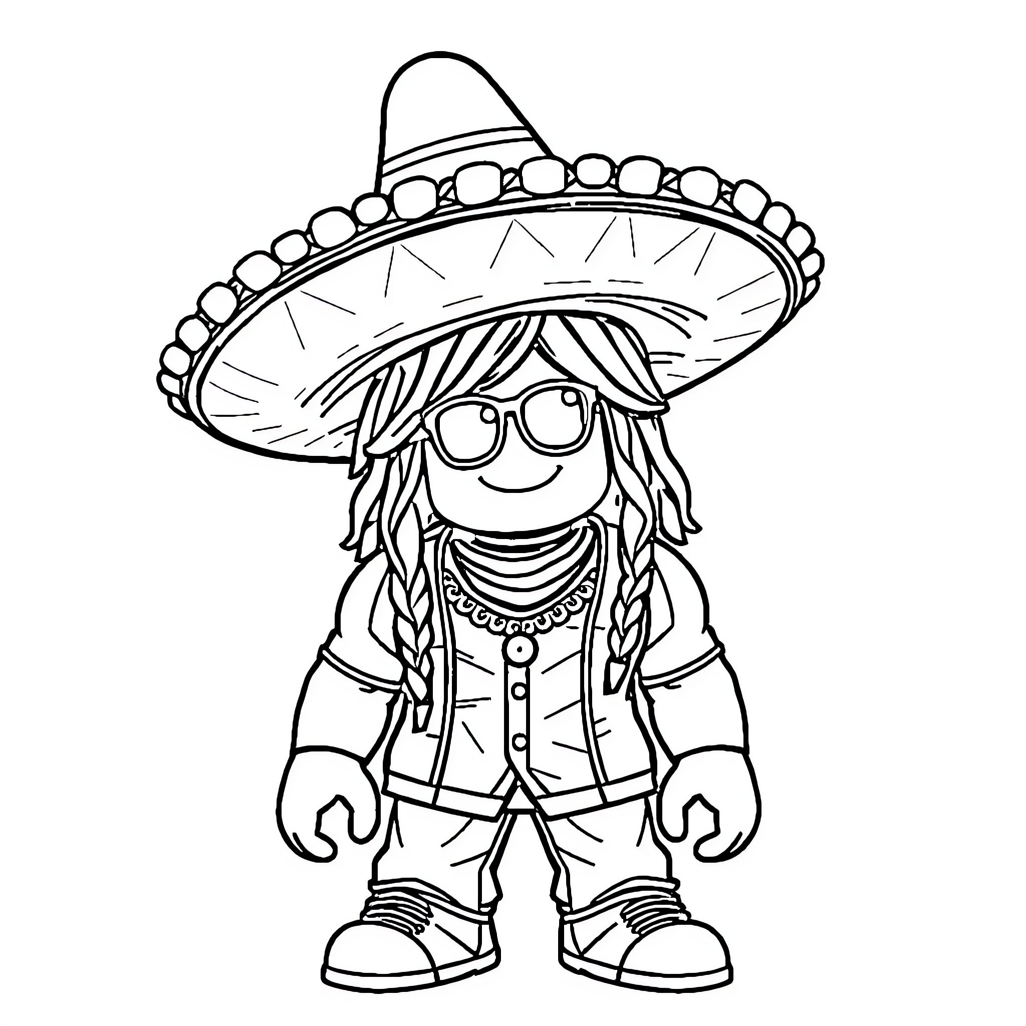 Jk smiling Mexican character wearing traditional sombrero Coloring Page (free black-and-white line drawing printable PDF for all, from beginners to advanced learners, including children, teens, adults, and seniors)