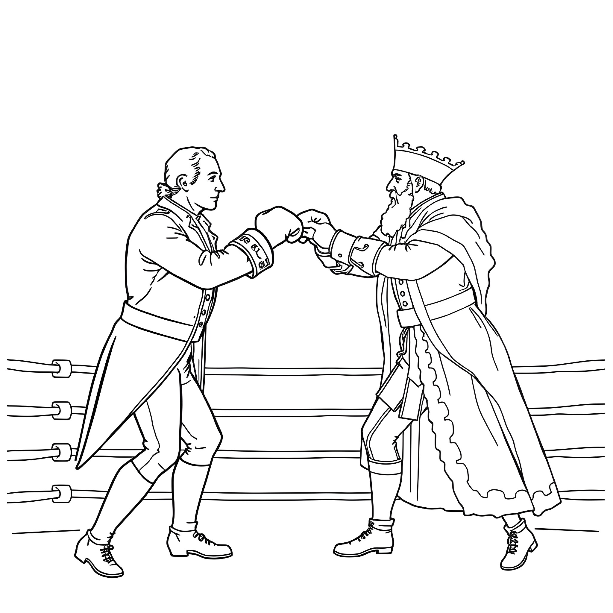 George Washington boxing match with King Coloring Page (free black-and-white line drawing printable PDF for all, from beginners to advanced learners, including children, teens, adults, and seniors)
