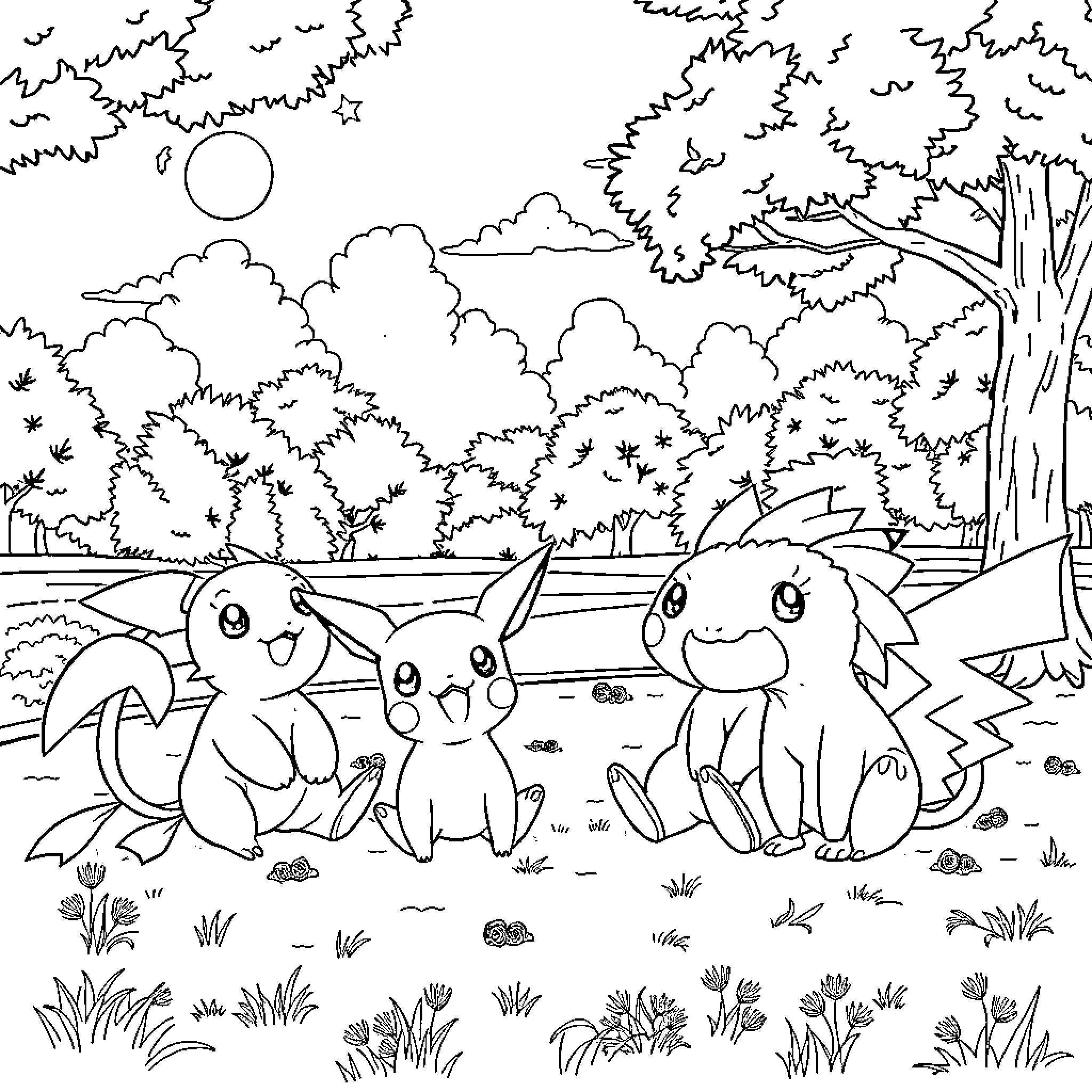 Pokémon characters playing in a forest setting Coloring Page (free black-and-white line drawing printable PDF for all, from beginners to advanced learners, including children, teens, adults, and seniors)
