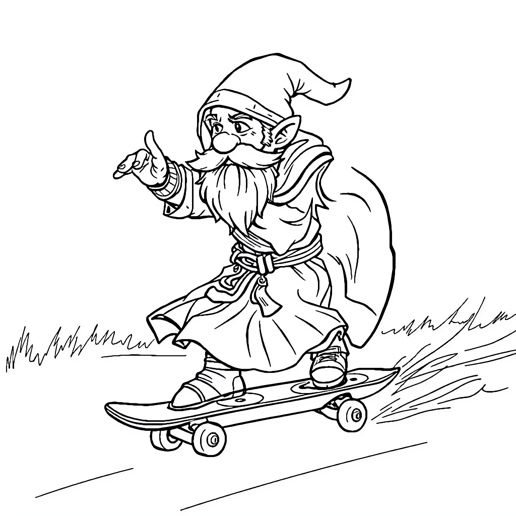 Dwarf riding a skateboard in the wilderness Coloring Page (free black-and-white line drawing printable PDF for all, from beginners to advanced learners, including children, teens, adults, and seniors)