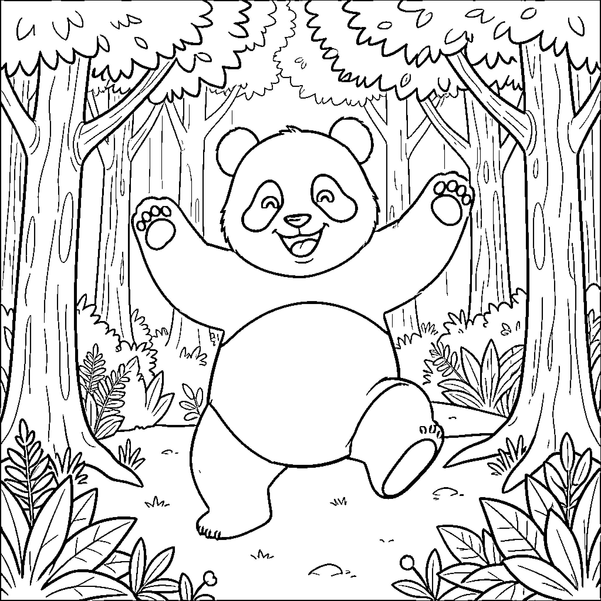 Panda dancing joyfully in a lush forest Coloring Page (free black-and-white line drawing printable PDF for all, from beginners to advanced learners, including children, teens, adults, and seniors)