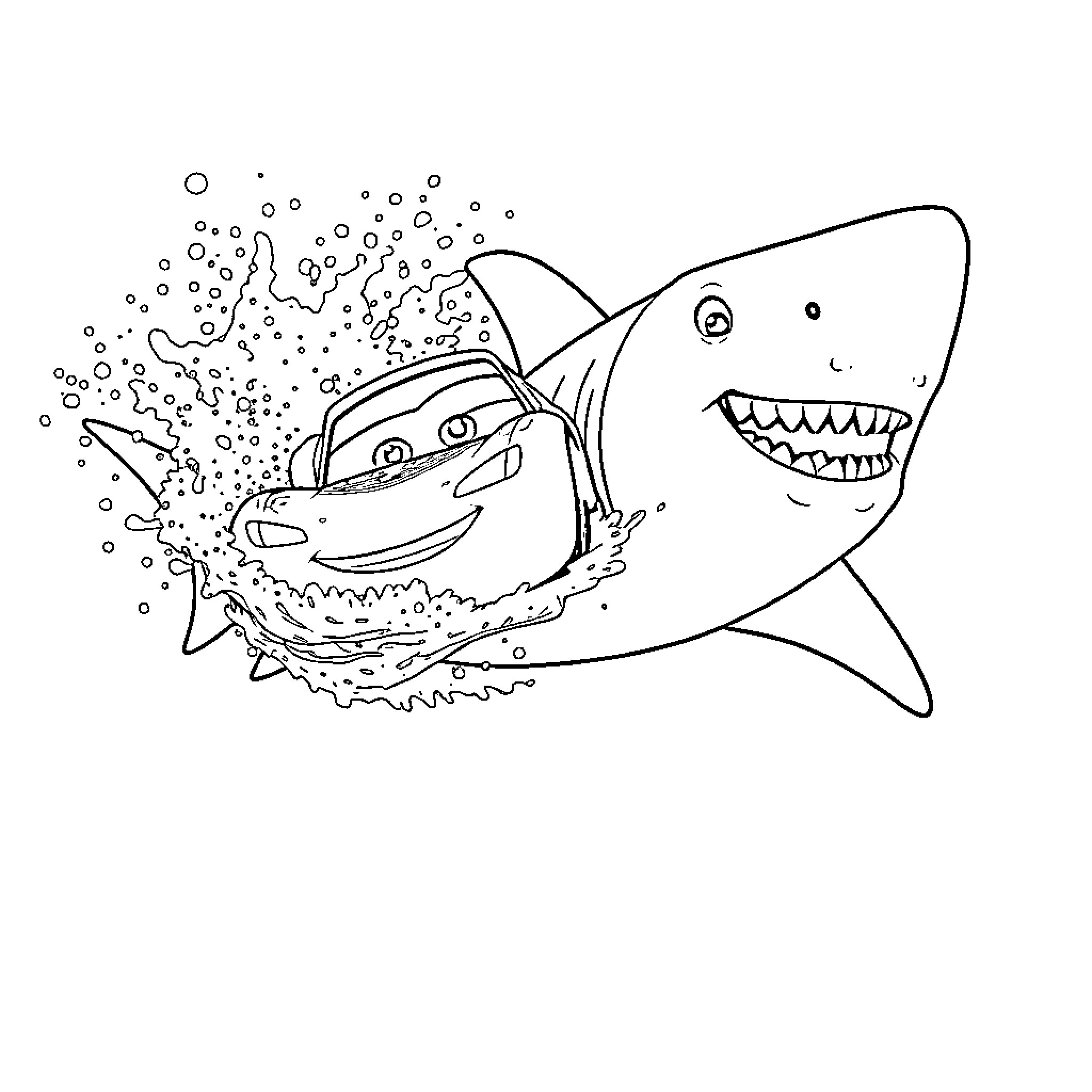 Lightning McQueen's Aquatic Adventure with Shark Coloring Page (free black-and-white line drawing printable PDF for all, from beginners to advanced learners, including children, teens, adults, and seniors)