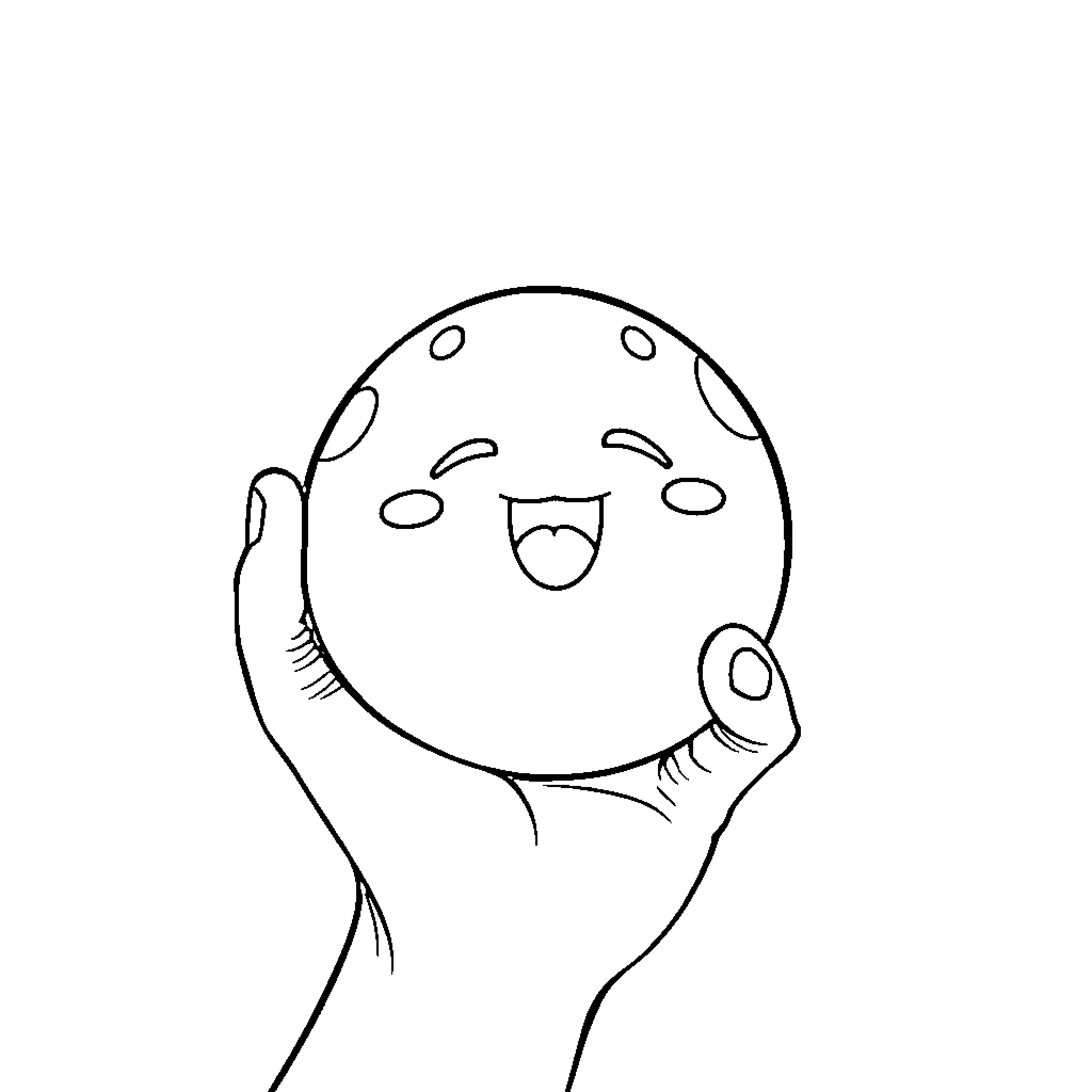 Needoh happy character being held in a hand Coloring Page (free black-and-white line drawing printable PDF for all, from beginners to advanced learners, including children, teens, adults, and seniors)