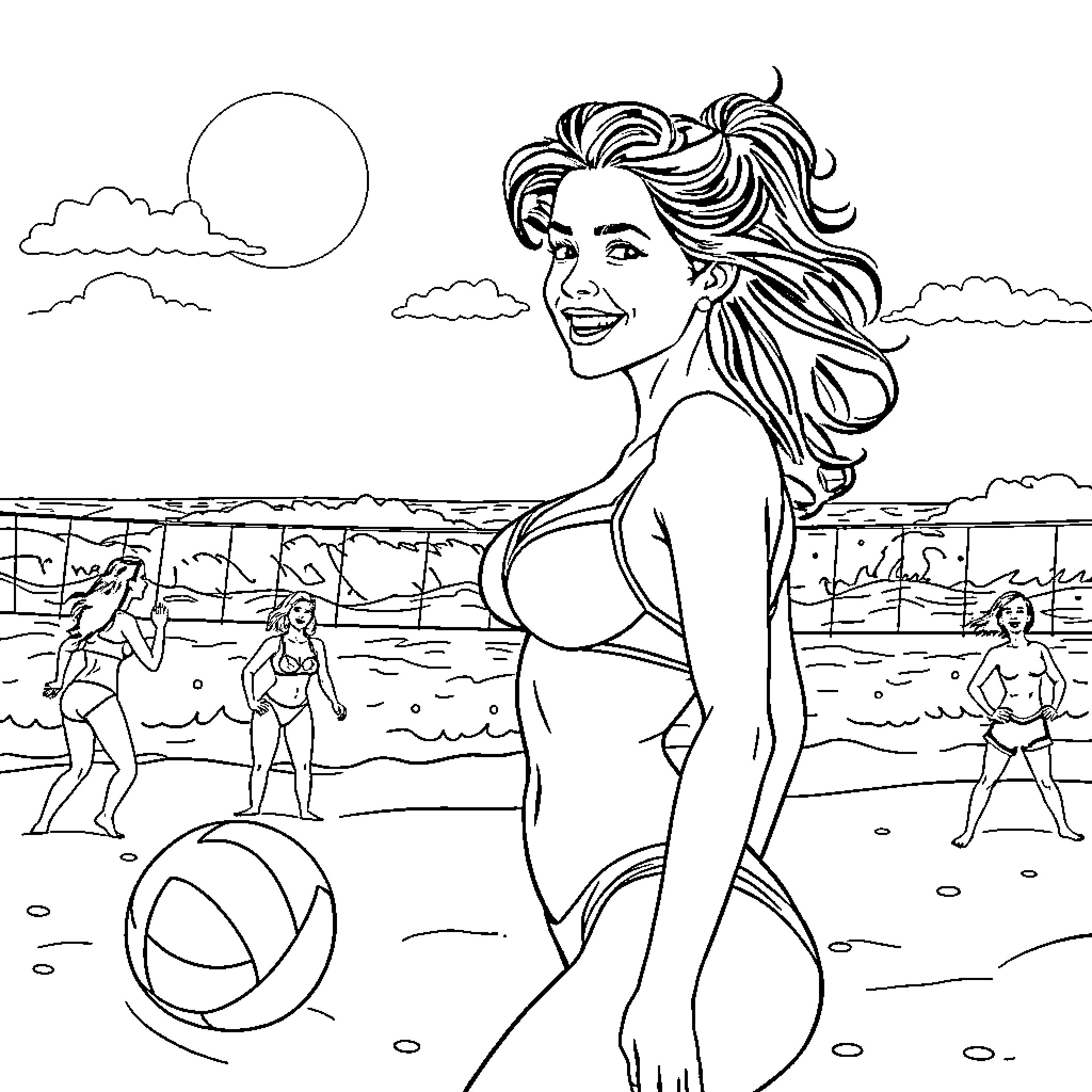 Pinup girl enjoying carefree beach day Coloring Page (free black-and-white line drawing printable PDF for all, from beginners to advanced learners, including children, teens, adults, and seniors)
