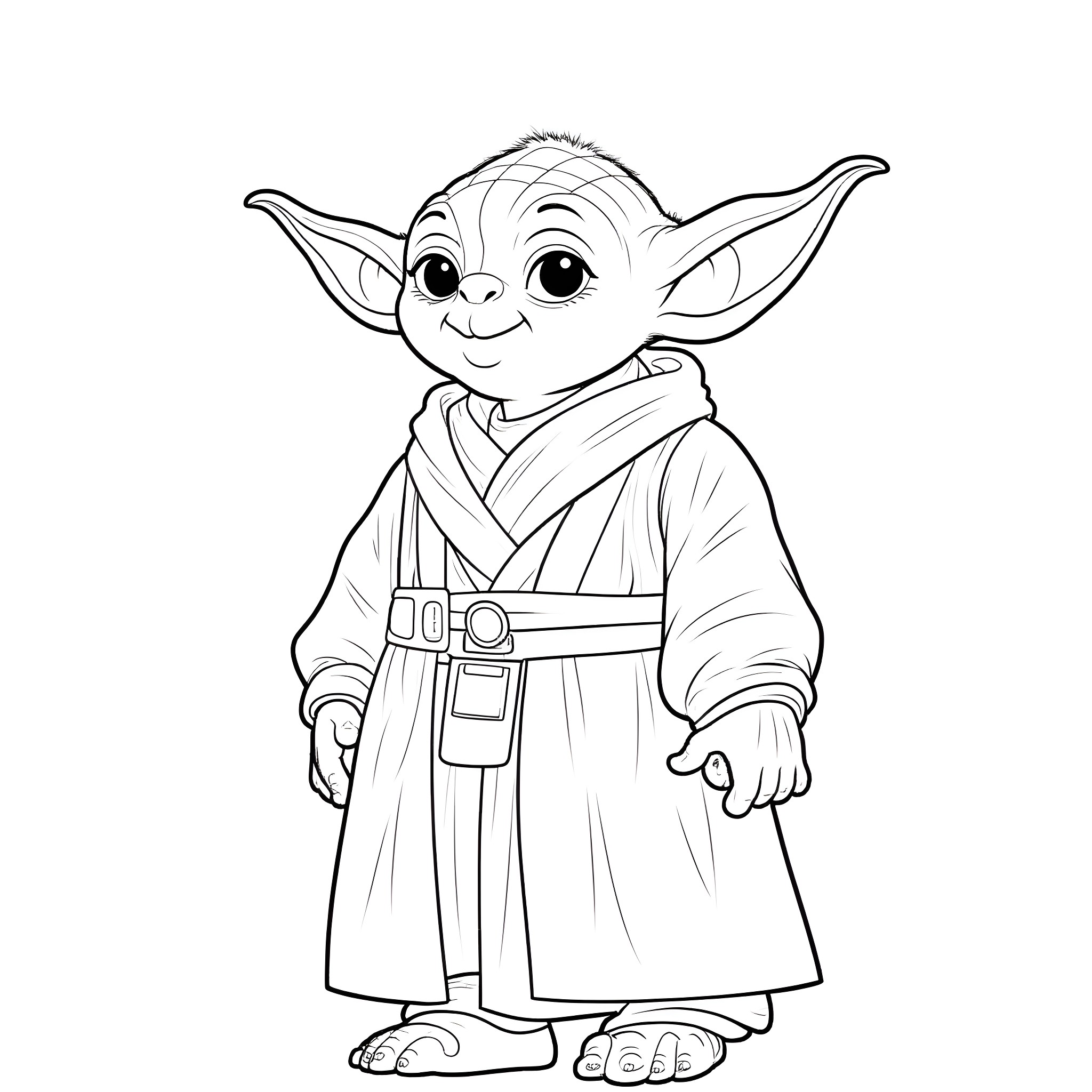 Yoda in Jedi robes smiling happily Coloring Page (free black-and-white line drawing printable PDF for all, from beginners to advanced learners, including children, teens, adults, and seniors)