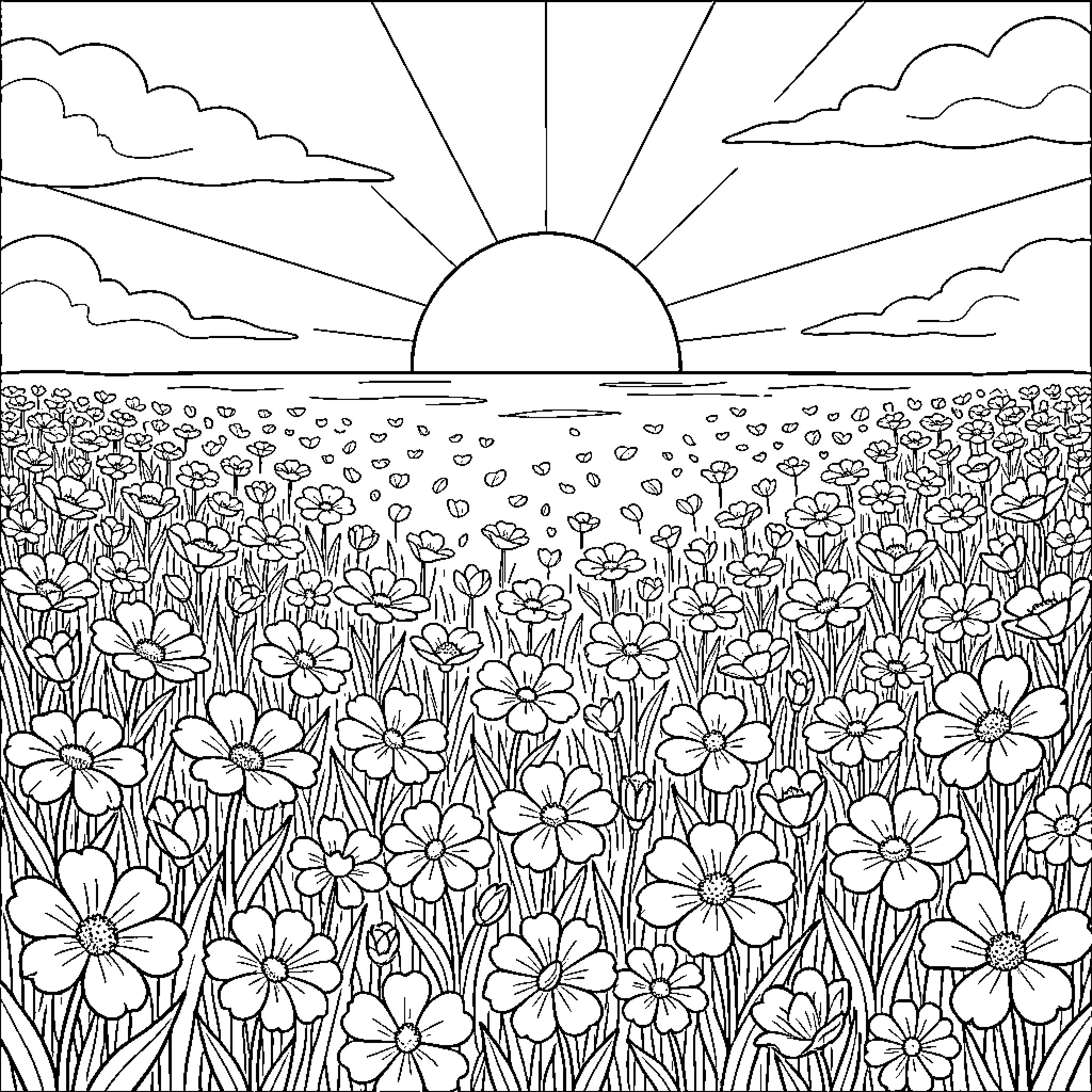 Flower field blooming under a rising sun Coloring Page (free black-and-white line drawing printable PDF for all, from beginners to advanced learners, including children, teens, adults, and seniors)
