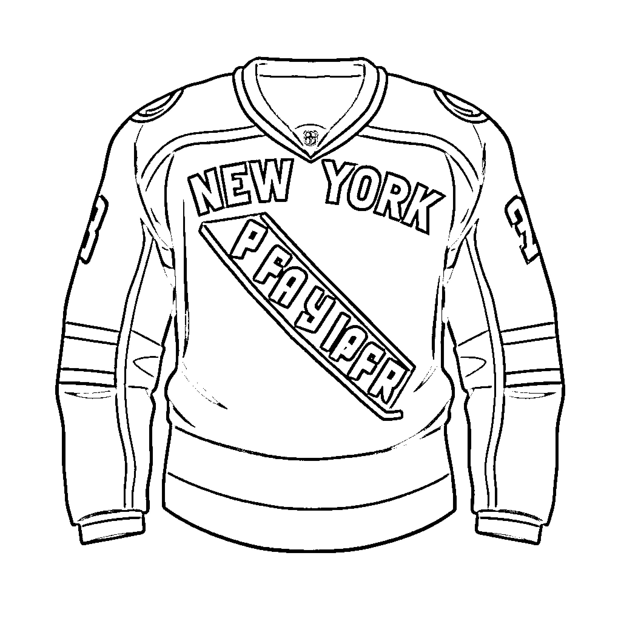 New York Rangers hockey jersey with team logo Coloring Page (free black-and-white line drawing printable PDF for all, from beginners to advanced learners, including children, teens, adults, and seniors)