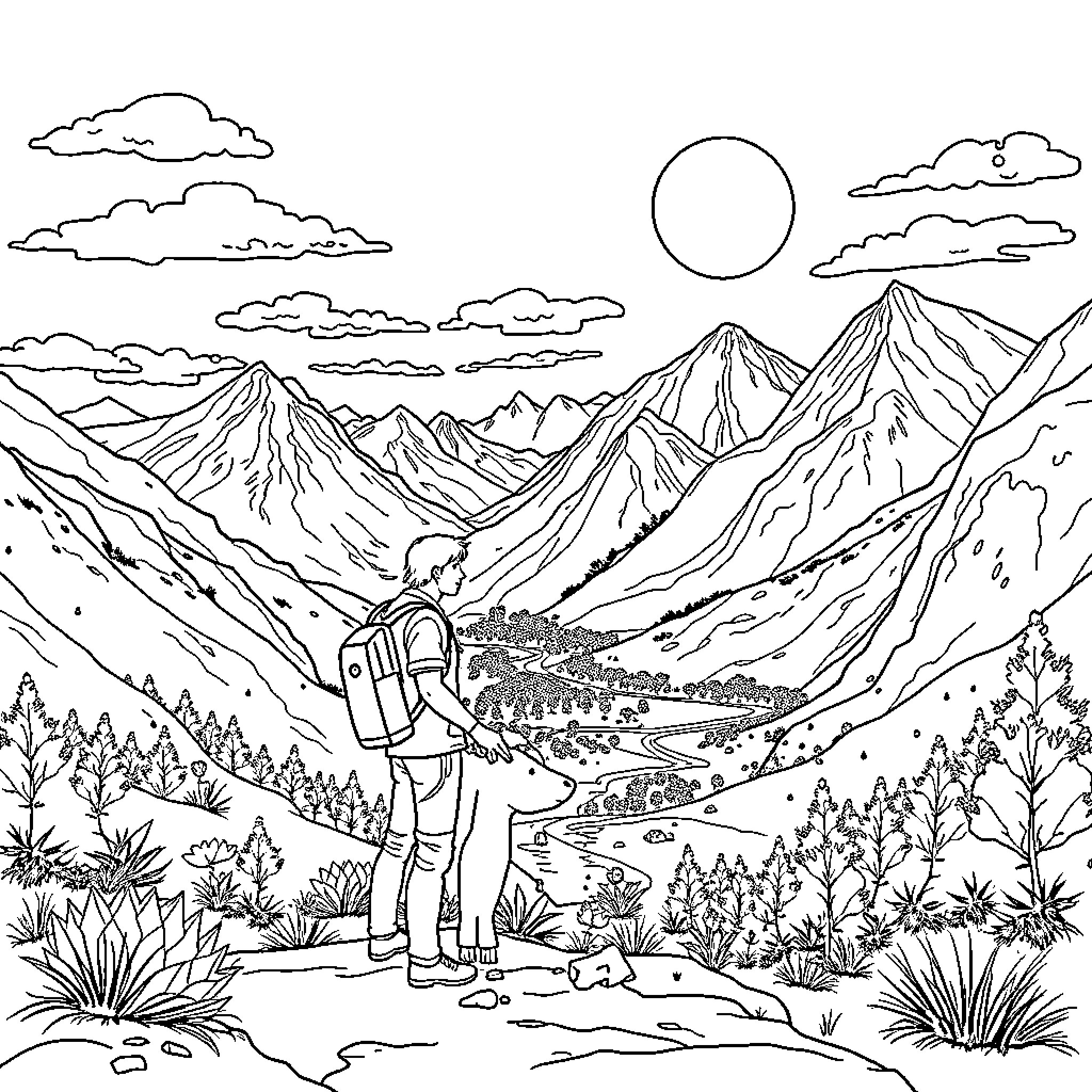 Pedro exploring the majestic mountain landscape Coloring Page (free black-and-white line drawing printable PDF for all, from beginners to advanced learners, including children, teens, adults, and seniors)