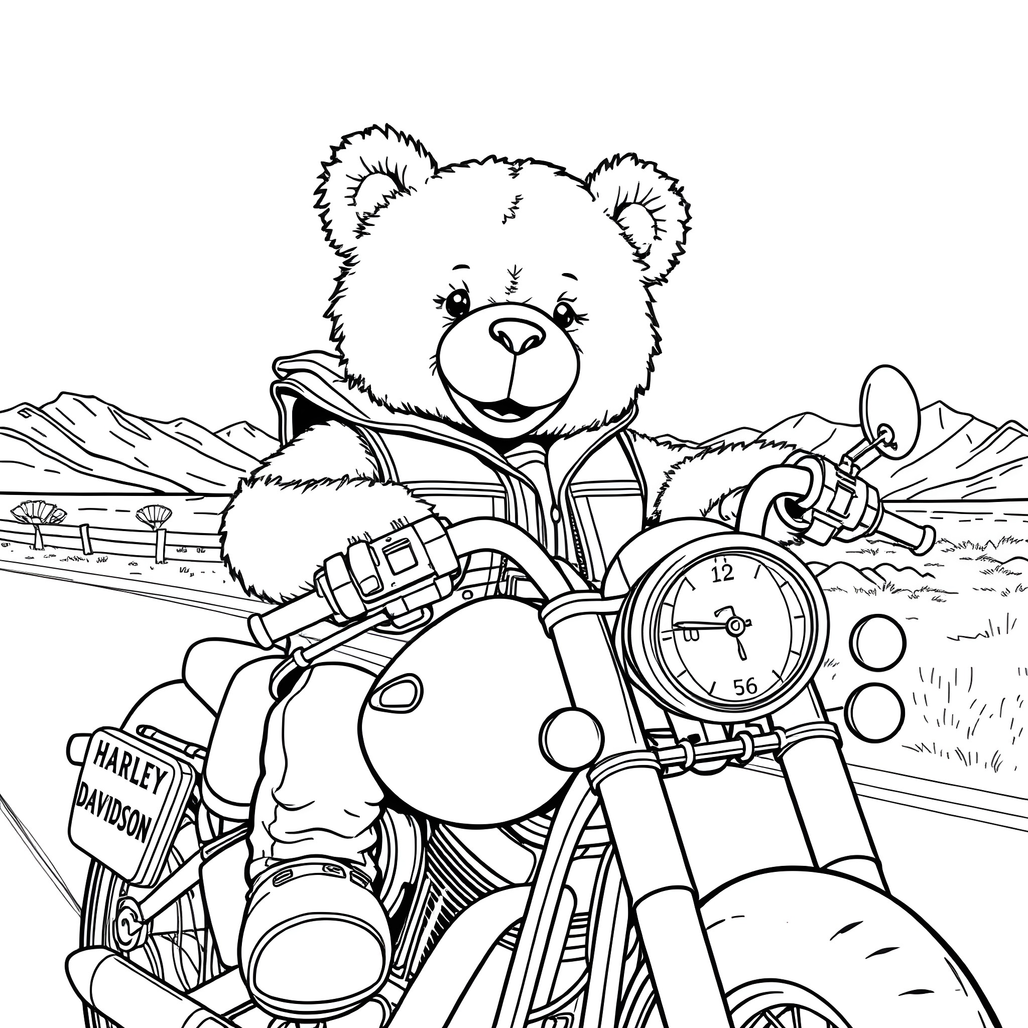 Teddy Bear riding a motorcycle through the mountains Coloring Page (free black-and-white line drawing printable PDF for all, from beginners to advanced learners, including children, teens, adults, and seniors)