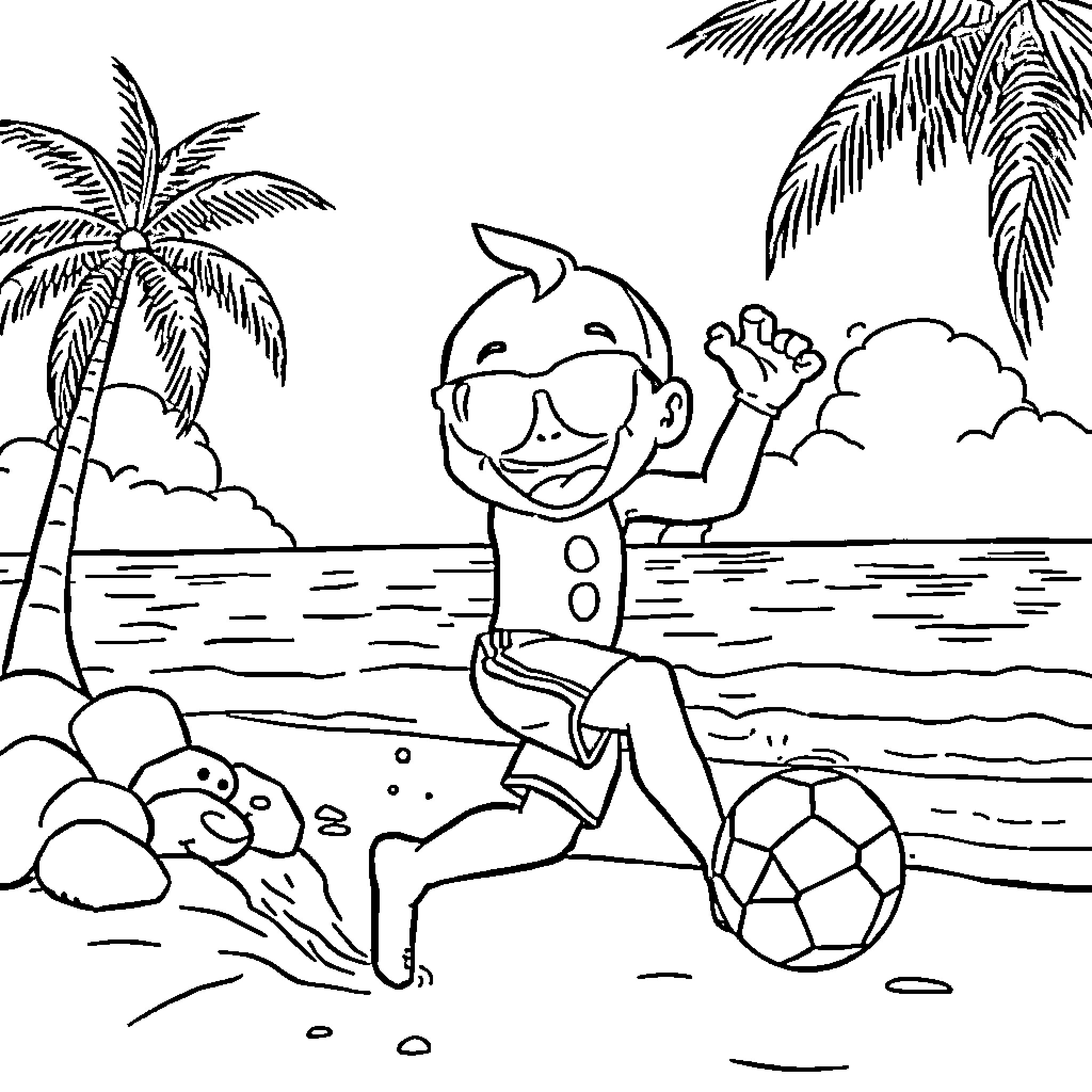 Frieza playing happily with a soccer ball on the beach Coloring Page (free black-and-white line drawing printable PDF for all, from beginners to advanced learners, including children, teens, adults, and seniors)